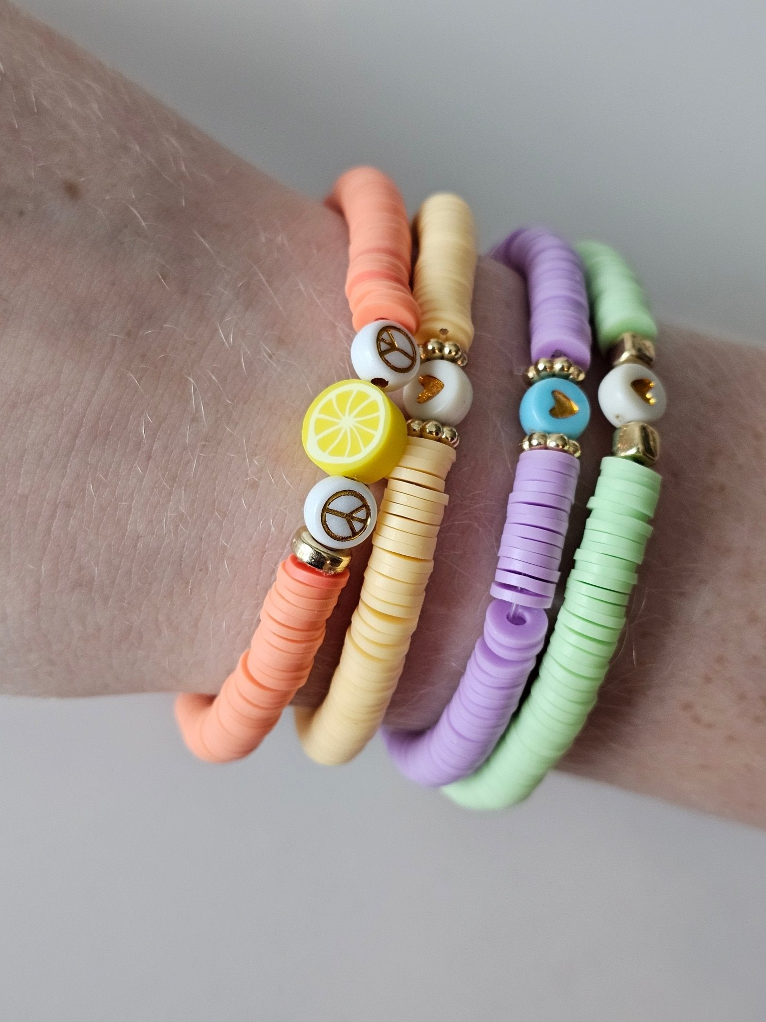 Pastel Beaded Bracelets Stack - Lemon, Peace Sign Charms - The Tween Space Exclusive