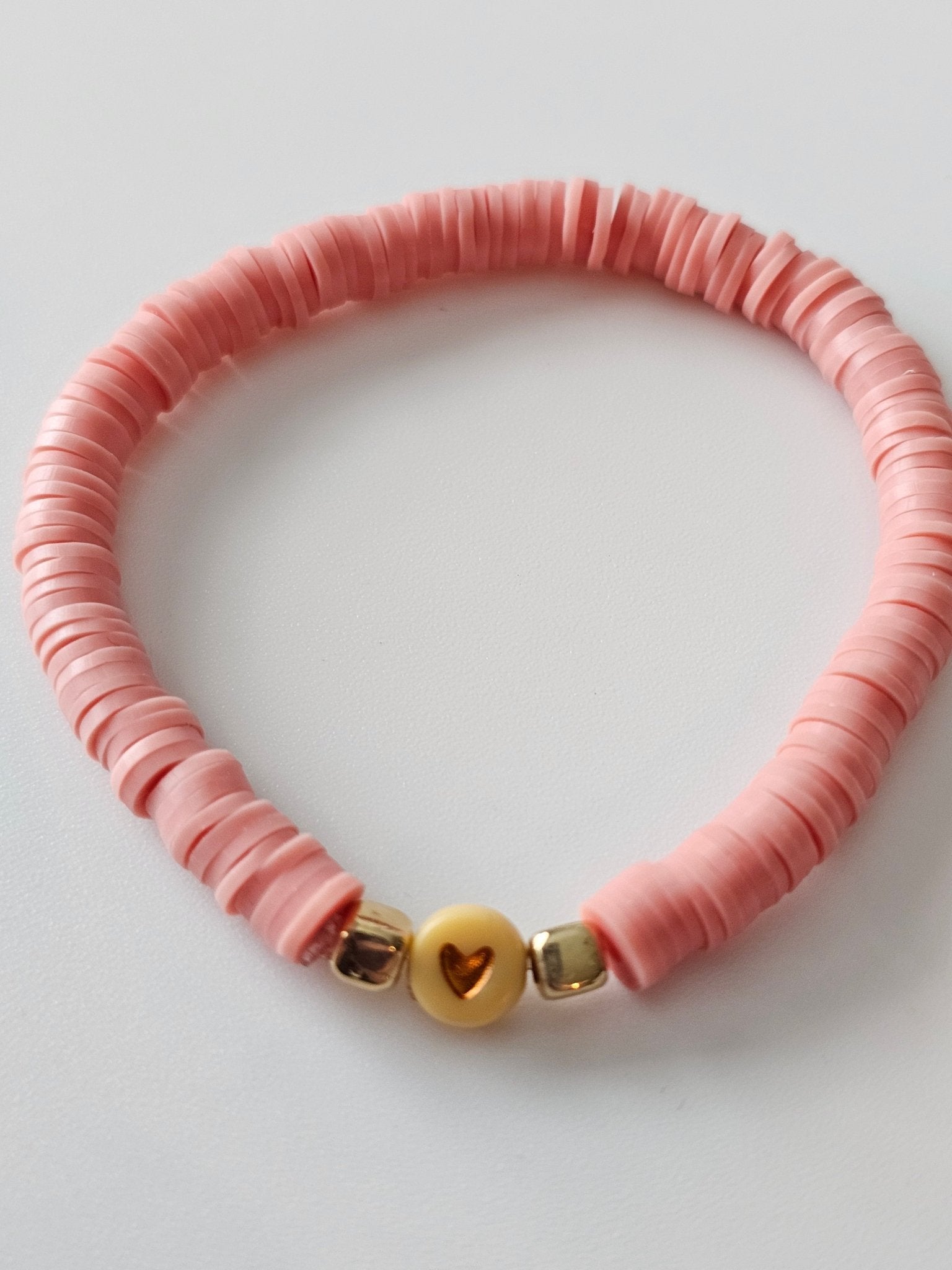 Pink Disc Bead Bracelet with Gold Accents and Heart Charm - Handmade Jewelry