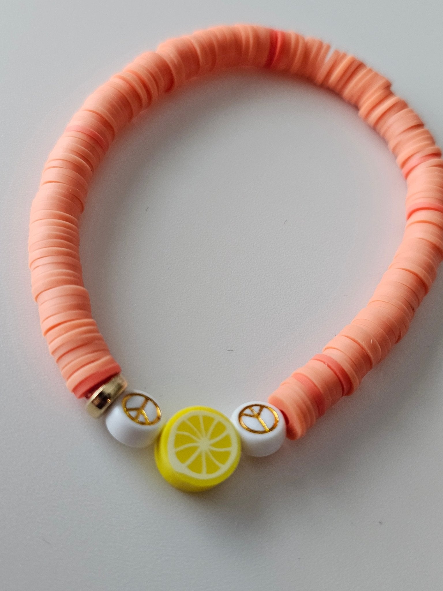 Peach & Lemon Bracelet: Handmade Pastel Beaded Jewelry with Peace Sign Charms