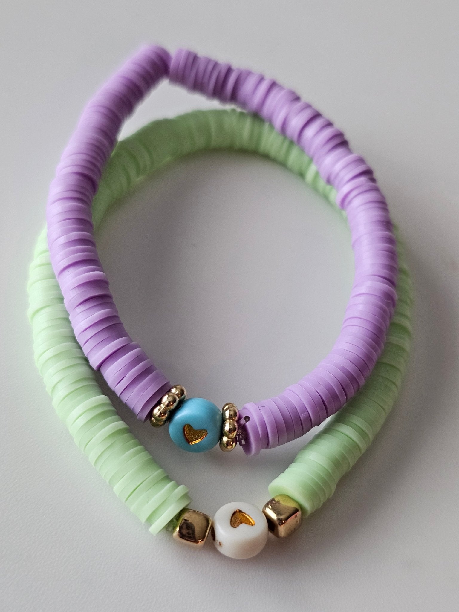 Pastel Beaded Bracelets: Lavender & Green Stretch Bracelets with Heart Charm
