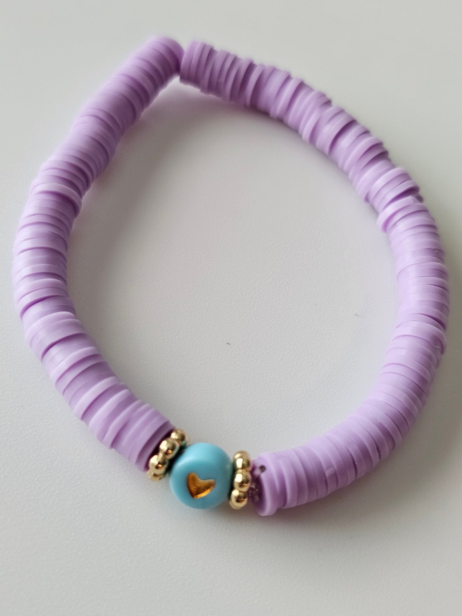 Lavender Pastel Beaded Bracelet with Heart Charm - Handmade Polymer Clay Jewelry