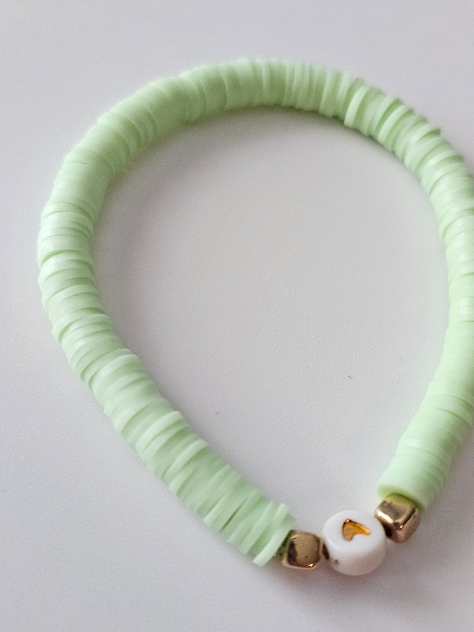 Pastel Green Polymer Clay Bracelet: Tween Beaded Bracelet with Gold Heart & Accents - Main Street Collective