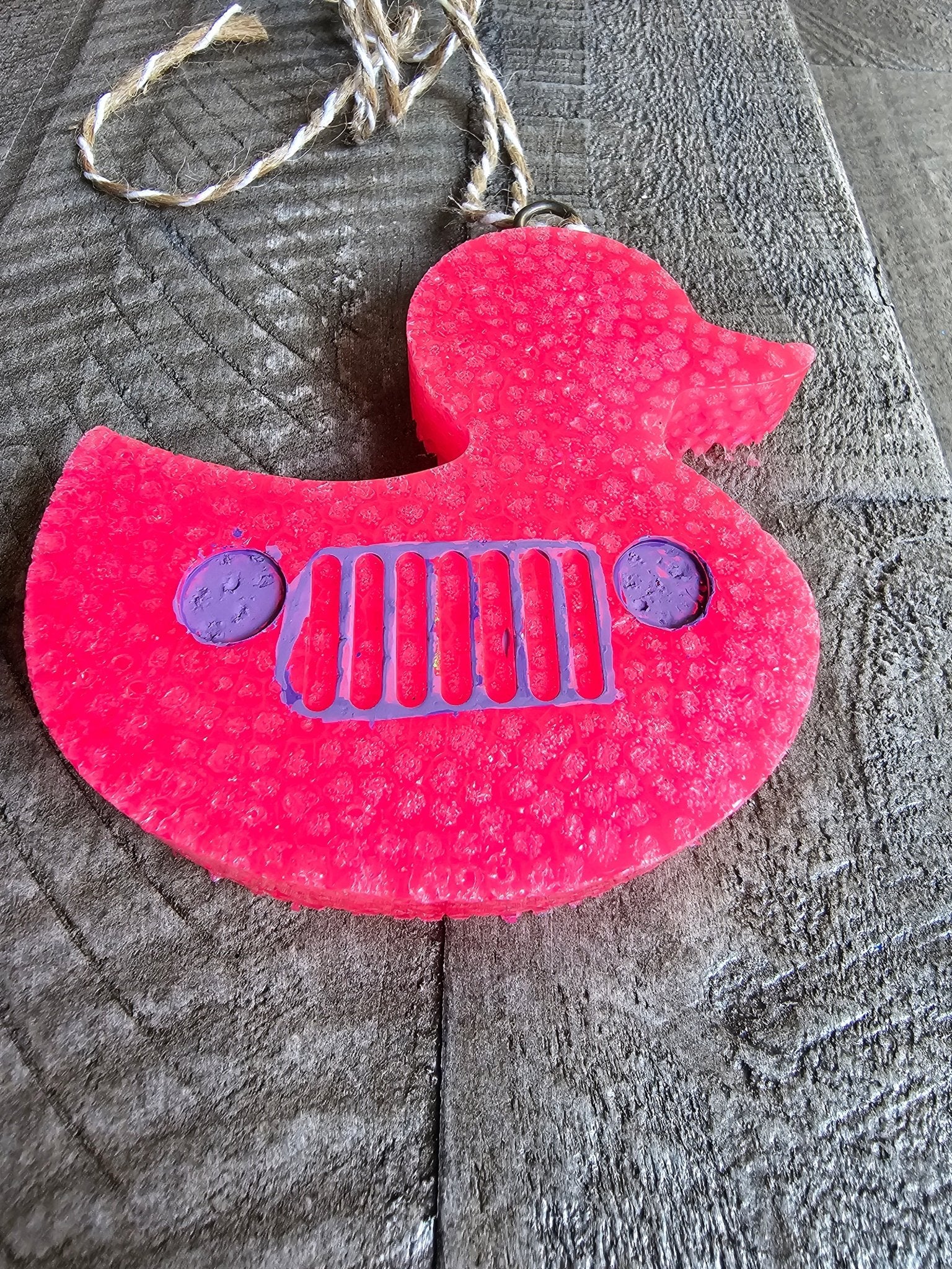 Jeep Duck Car Freshie - Main Street Collective Handmade Hot Pink Aroma Bead Air Freshener with Purple Jeep Grill Detail