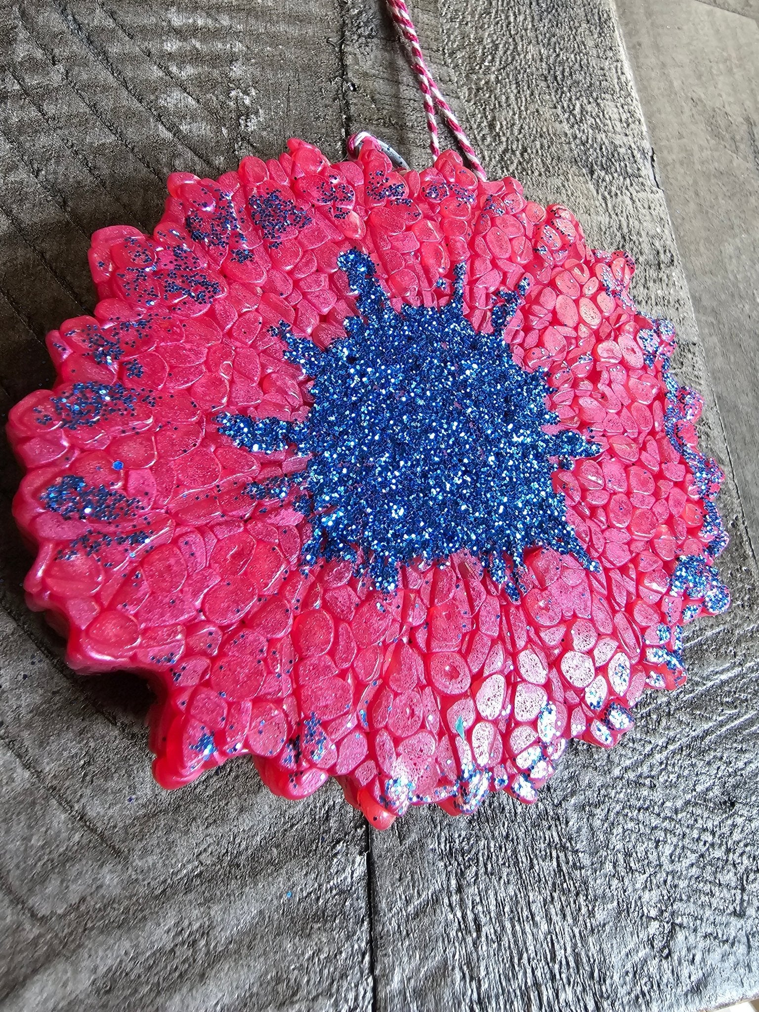 Handmade Daisy Car Freshie: Floral Aroma Bead Air Freshener, Sparkly Blue and Pink