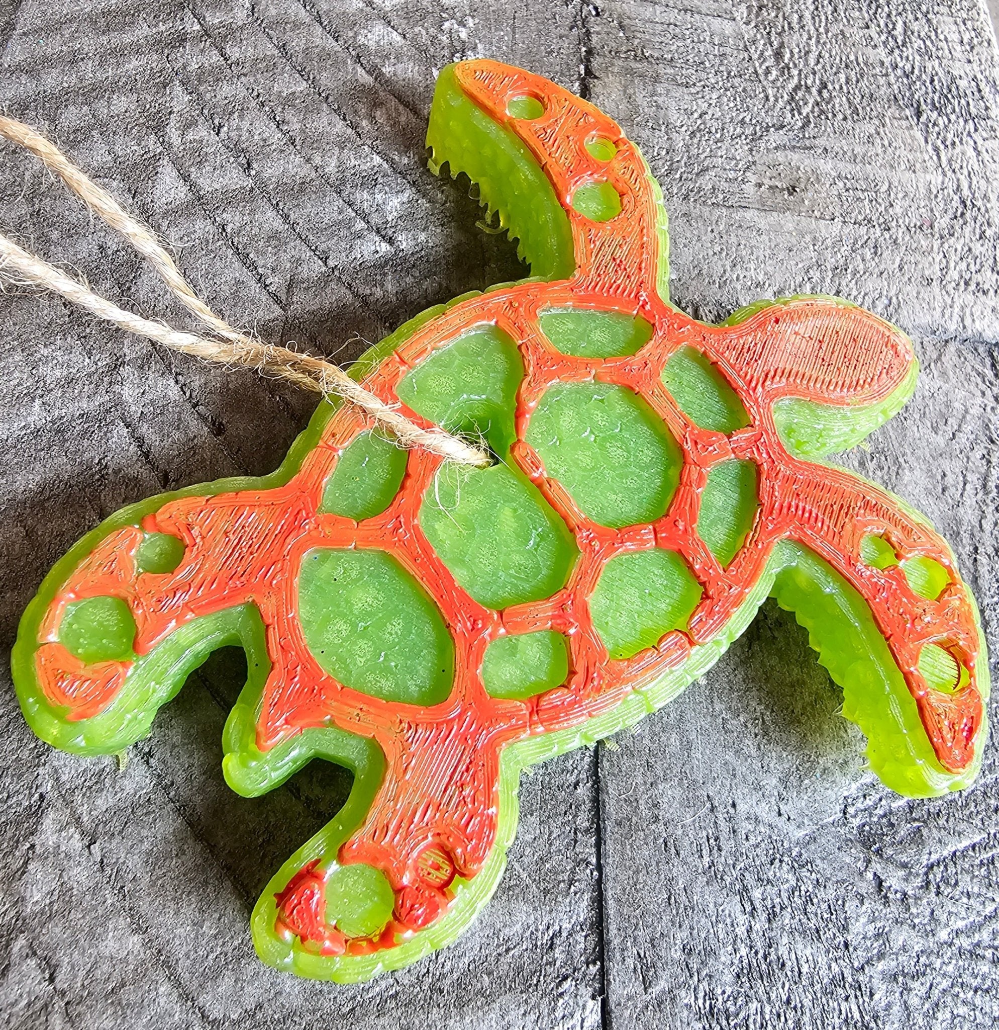 Sea Turtle Car Freshie: Green & Orange Aroma Bead Car Air Freshener. Handmade, Unique Car Accessory