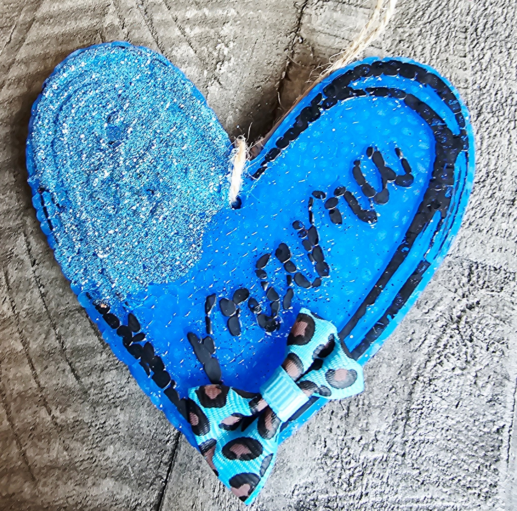 Mama Heart Car Freshie: Handmade blue heart aroma bead air freshener with leopard print bow, 'Mama' text. Main Street Collective