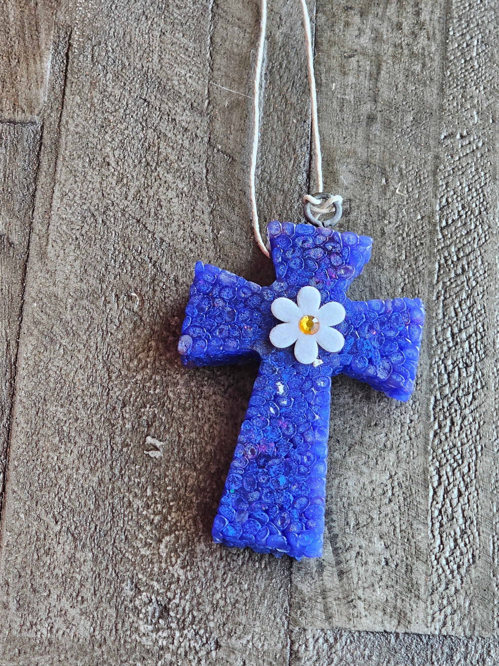 Cross with Daisy Car Freshie – Handmade Faith Aroma Bead Air Freshener