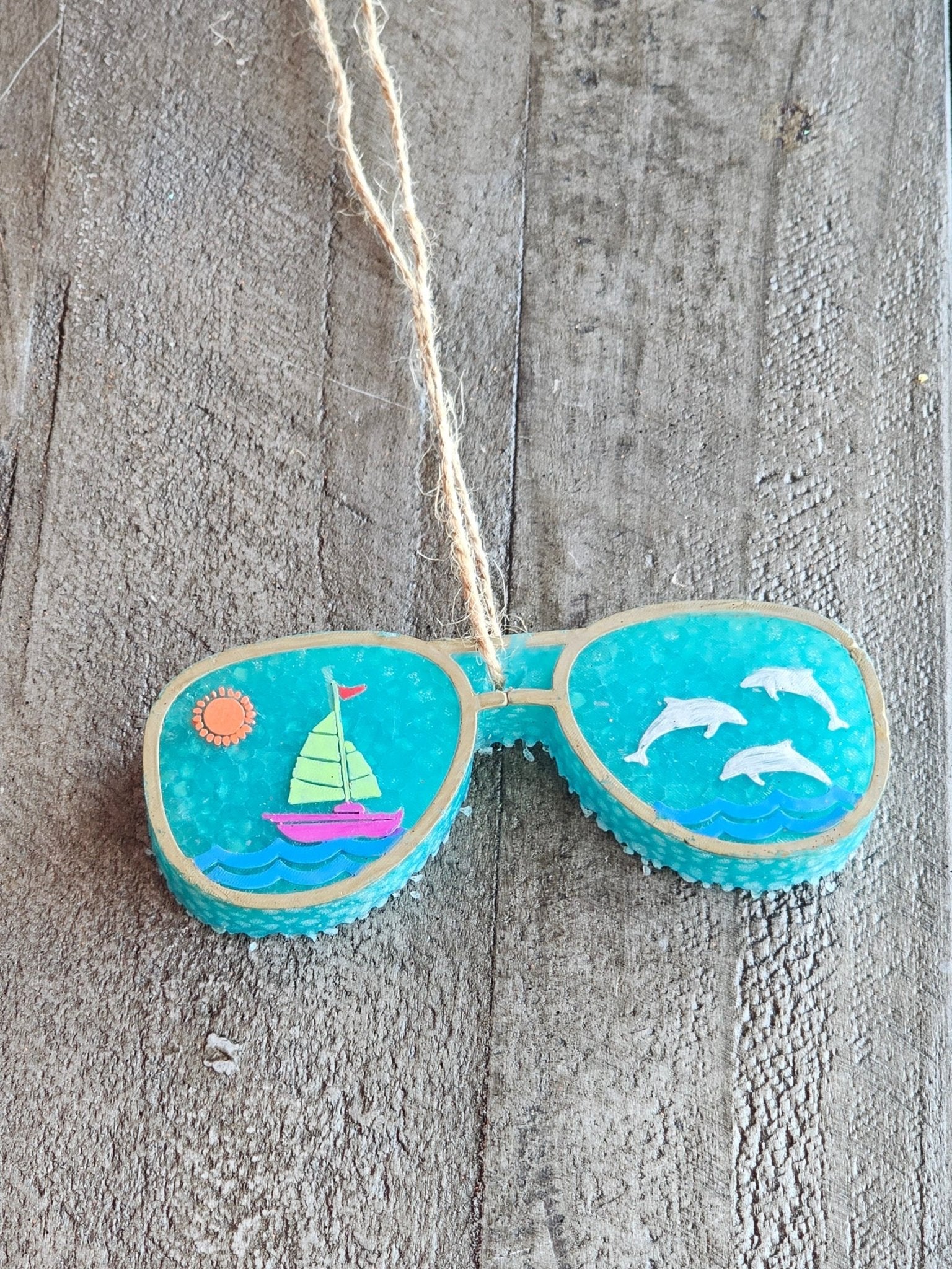 Ocean Car Freshie by Main Street Collective: Handmade Beachy Air Freshener, Sunglasses Shape with Ocean Scene (Sailboat, Dolphins)