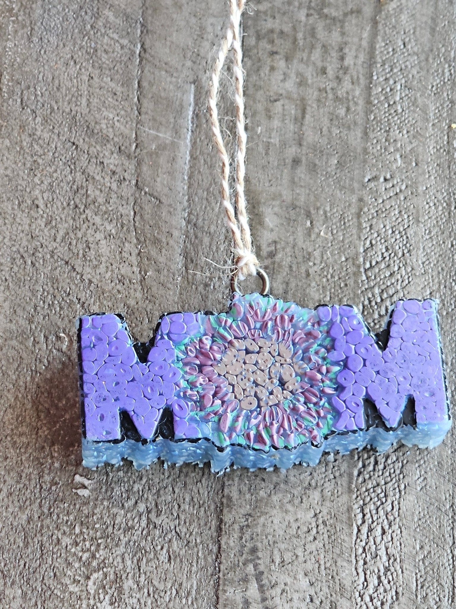 Handmade "MOM" Aroma Bead Car Freshie - Purple and Floral Design, Unique Car Air Freshener for Mom