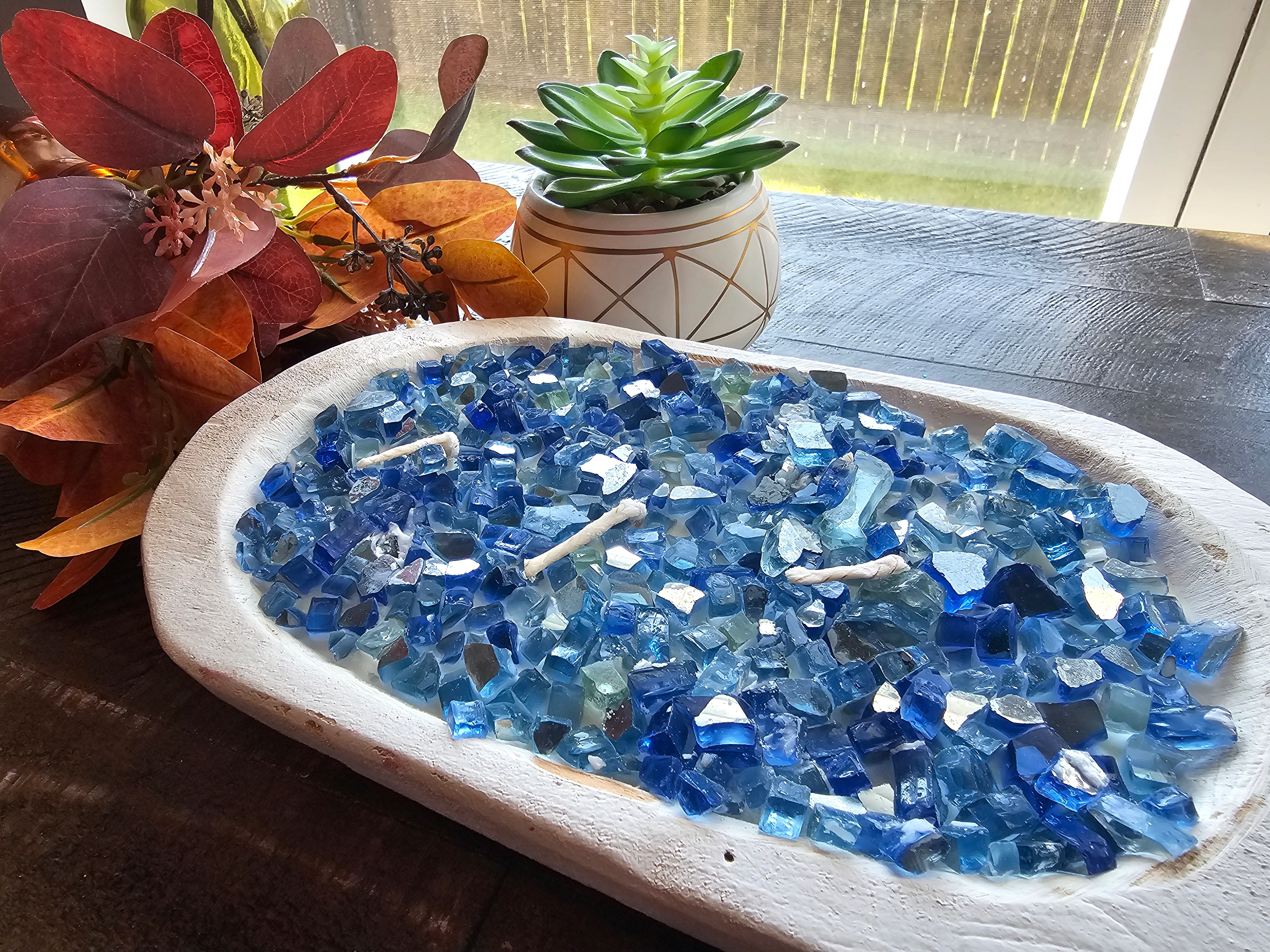 Handcrafted Candle Dough Bowl with Blue Crystals by Main Street Collective. Rustic Home Decor.