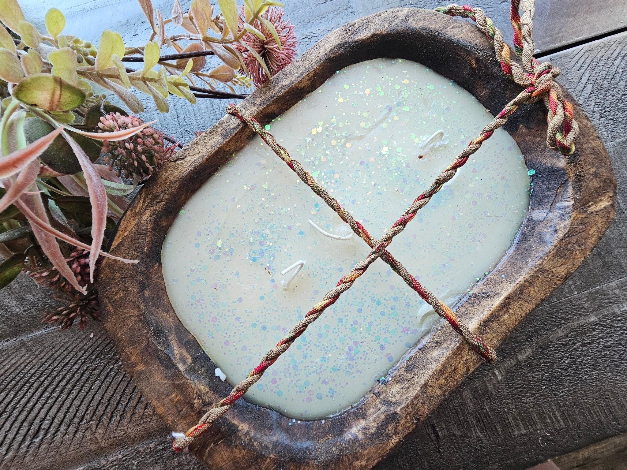 Handcrafted Dough Bowl Candle by Coast Candle Co. Rustic wooden bowl with glittered wax and twisted rope accent. Home Decor Candle.
