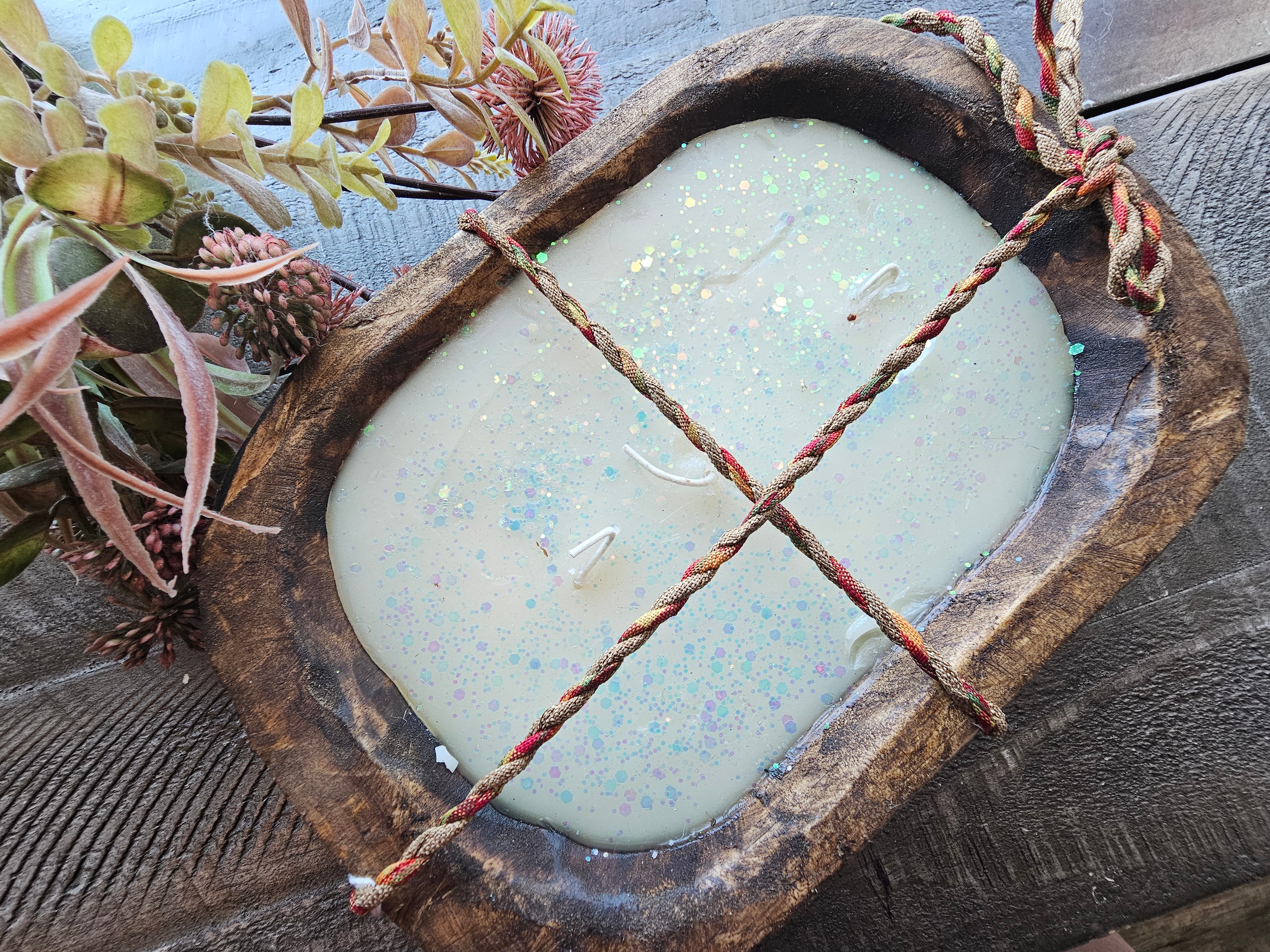 Handcrafted Dough Bowl Candle by Coast Candle Co. Rustic wooden bowl with glittered wax and twisted rope accent. Home Decor Candle.