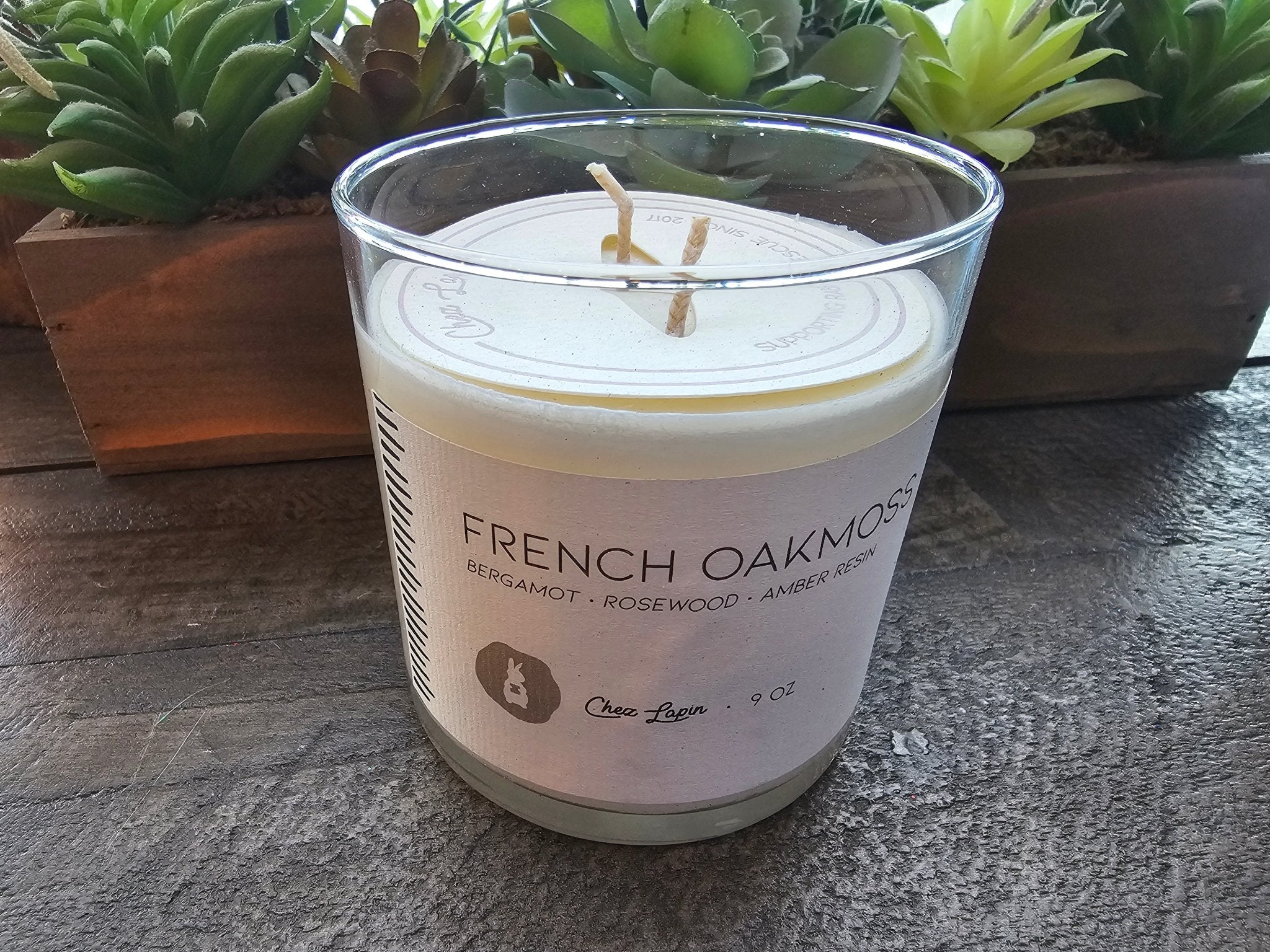 Chez Lapin French Oakmoss Candle: Scented soy wax candle in glass container with natural wicks and a rustic, elegant design.