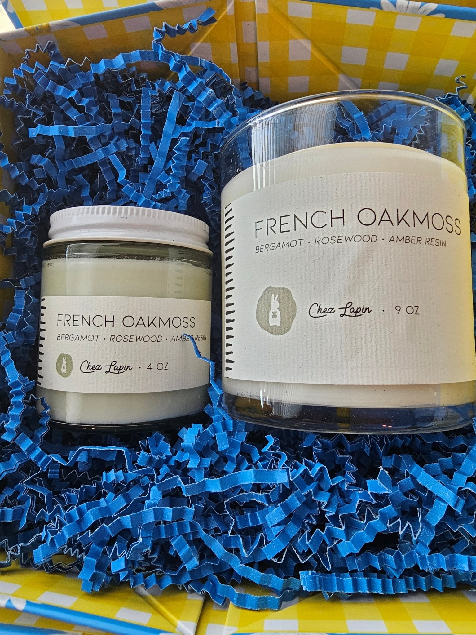 French Oakmoss Candle Gift Set: Hand-Poured Candles by Chez Lapin - 4oz & 9oz in blue and yellow gift box.