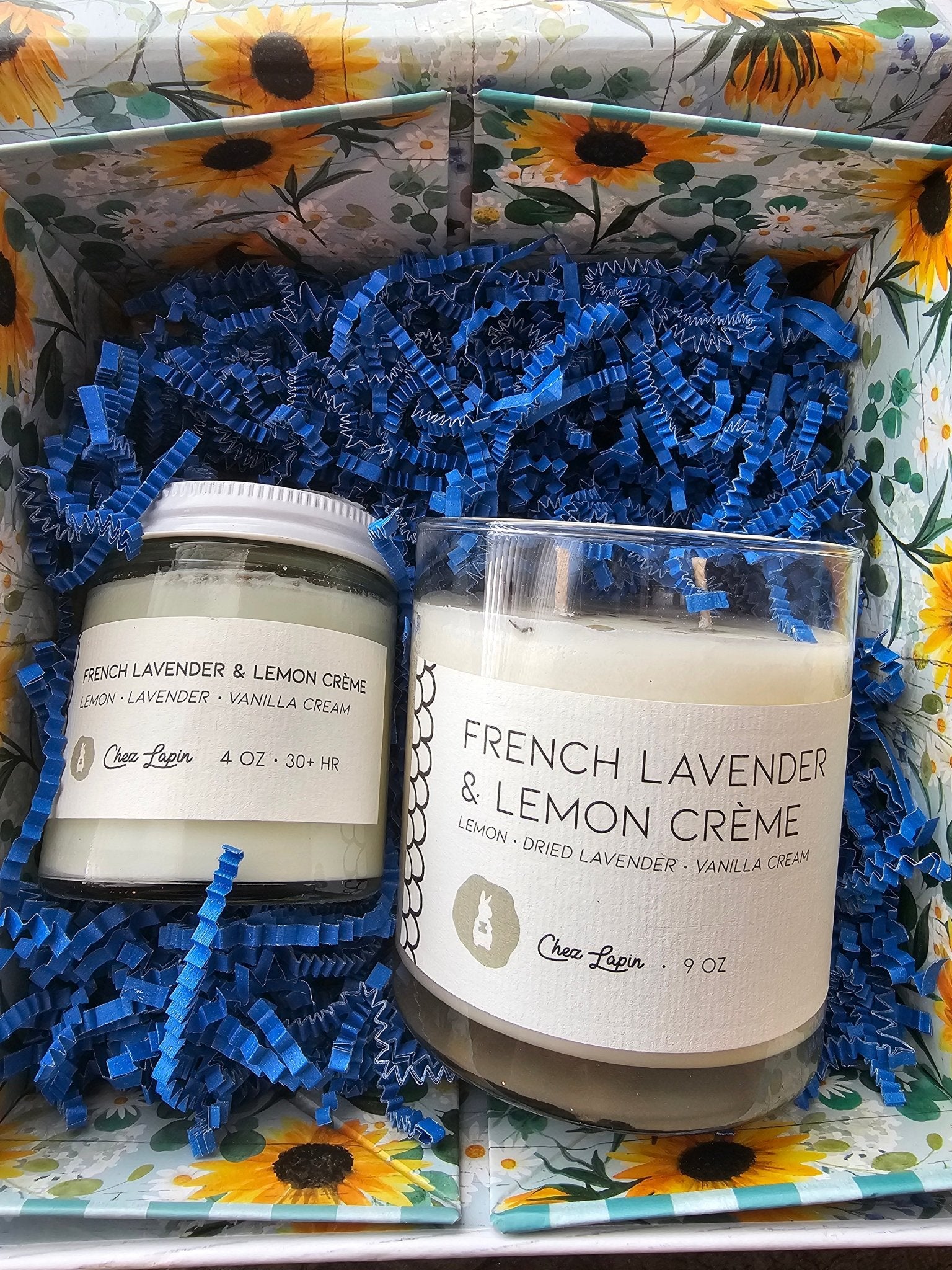 Chez Lapin French Lavender & Lemon Crème Scented Candle Gift Set. 4oz & 9oz candles in gift box.