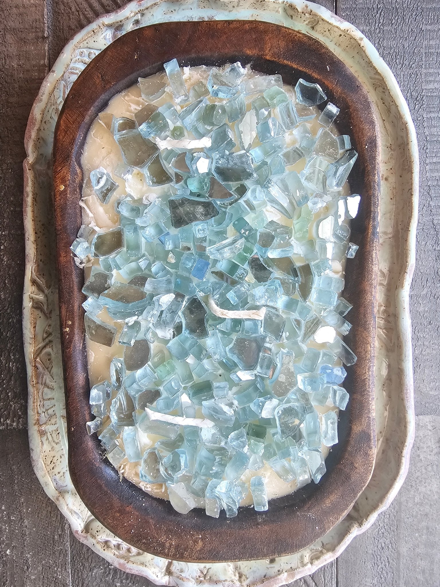Handcrafted Soy Wax Candle Dough Bowl with Blue Glass - Rustic Home Decor