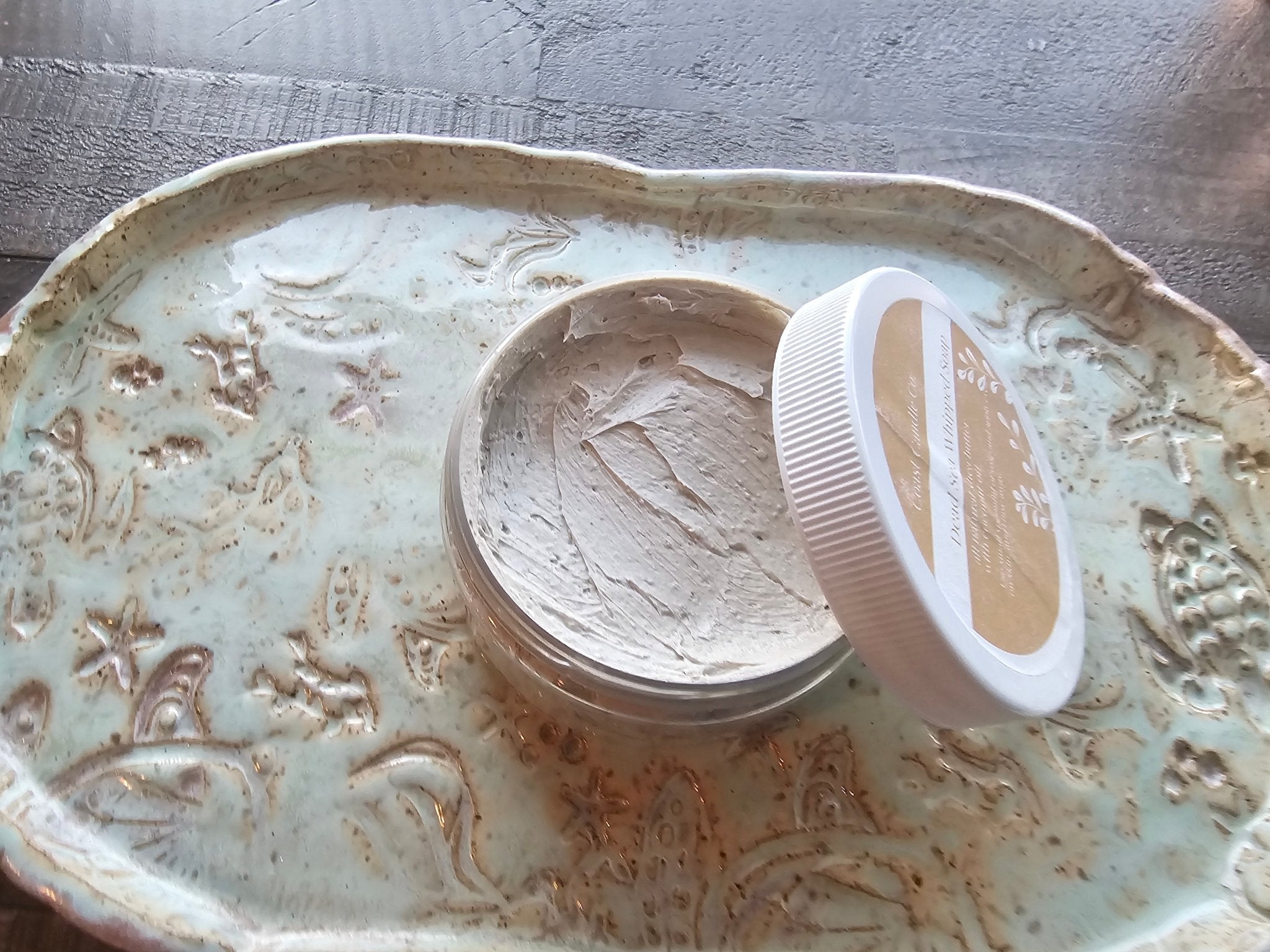 Coast Candle Company Dead Sea Whipped Soap jar on Main Street Collective tray. Mississippi Gulf Coast handcrafted skincare.