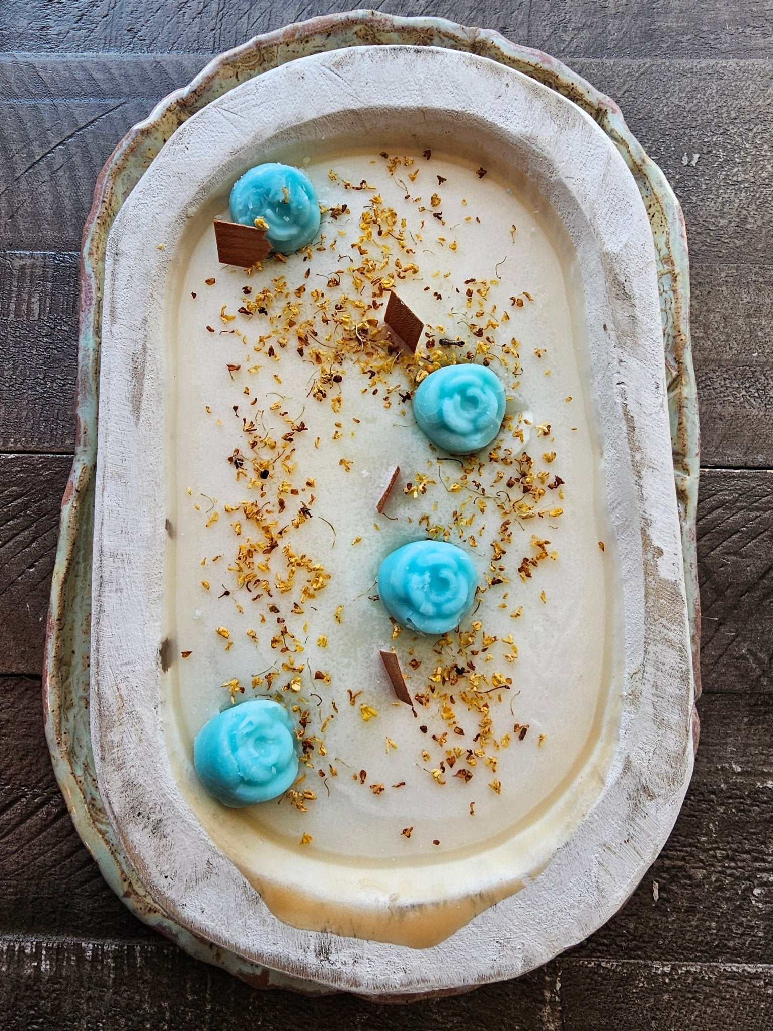 Handcrafted Candle Dough Bowl: Blue Rose Soy Candle with Osmanthus Flowers - Rustic Home Decor by Main Street Collective