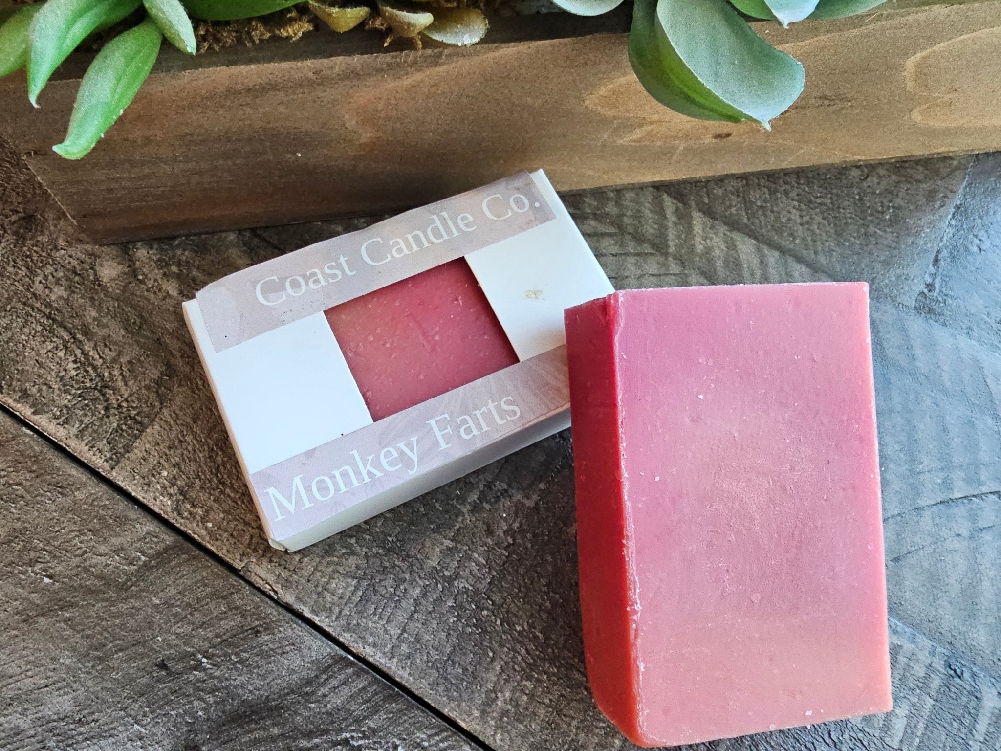 Coast Candle Co. Monkey Farts Soap: Pink handmade bar soap with packaging.