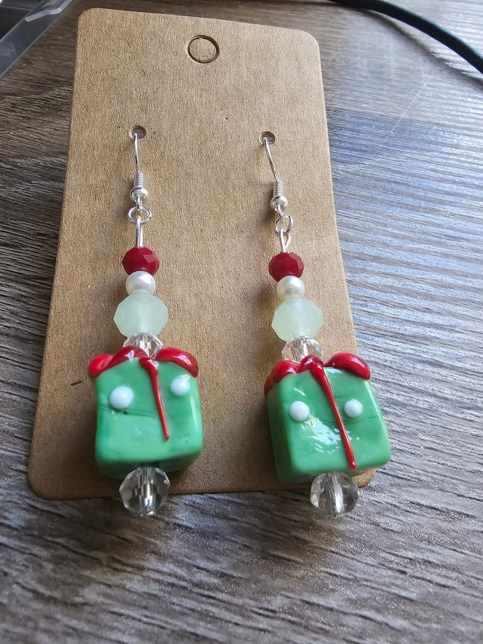 Christmas Gift Box Earrings: Green Holiday Present Dangle Earrings - Handmade Beaded Jewelry