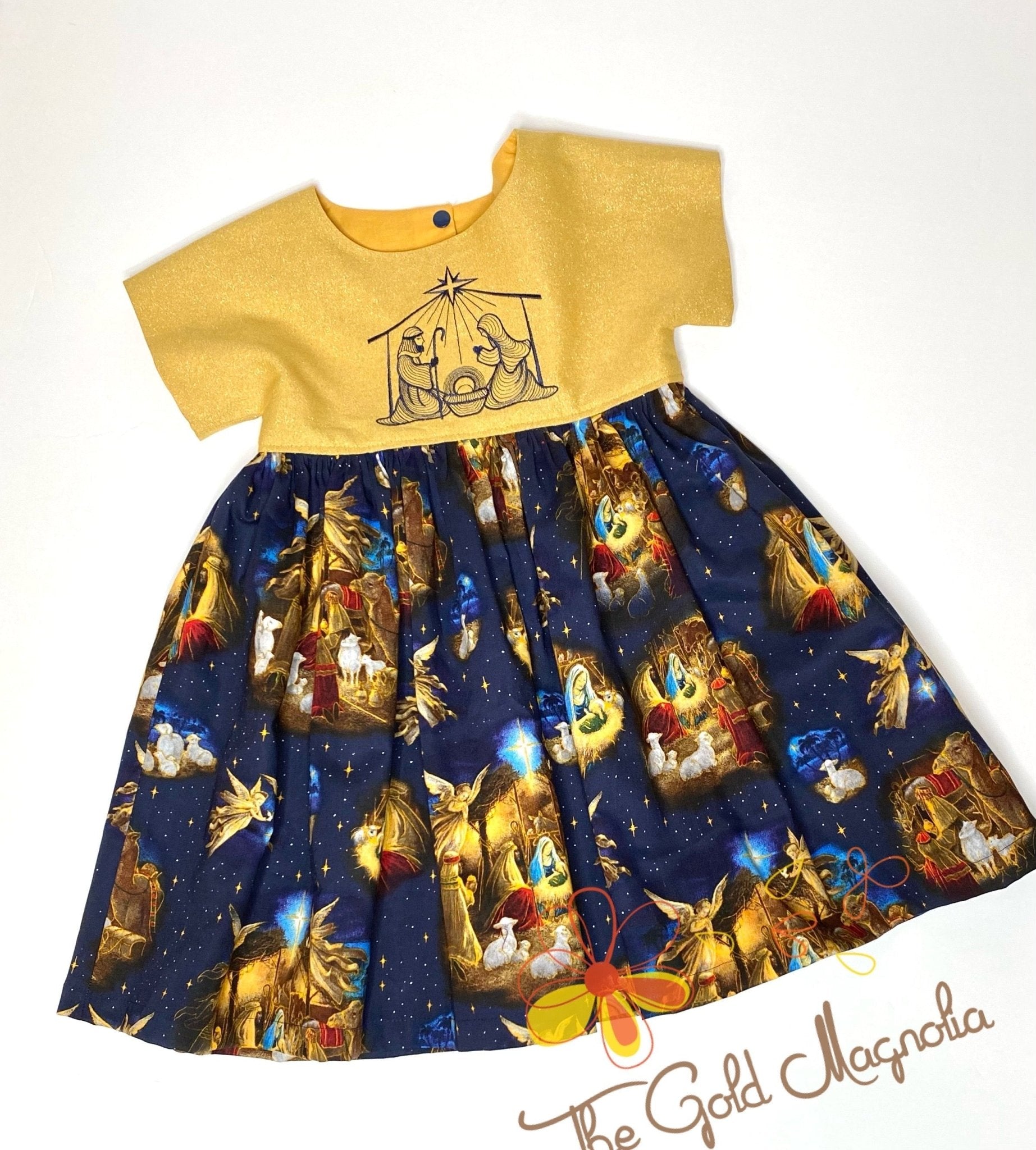 Gold and Blue Manger Christmas Dress | Girls Holiday Outfit with Nativity Scene | Christmas Dress