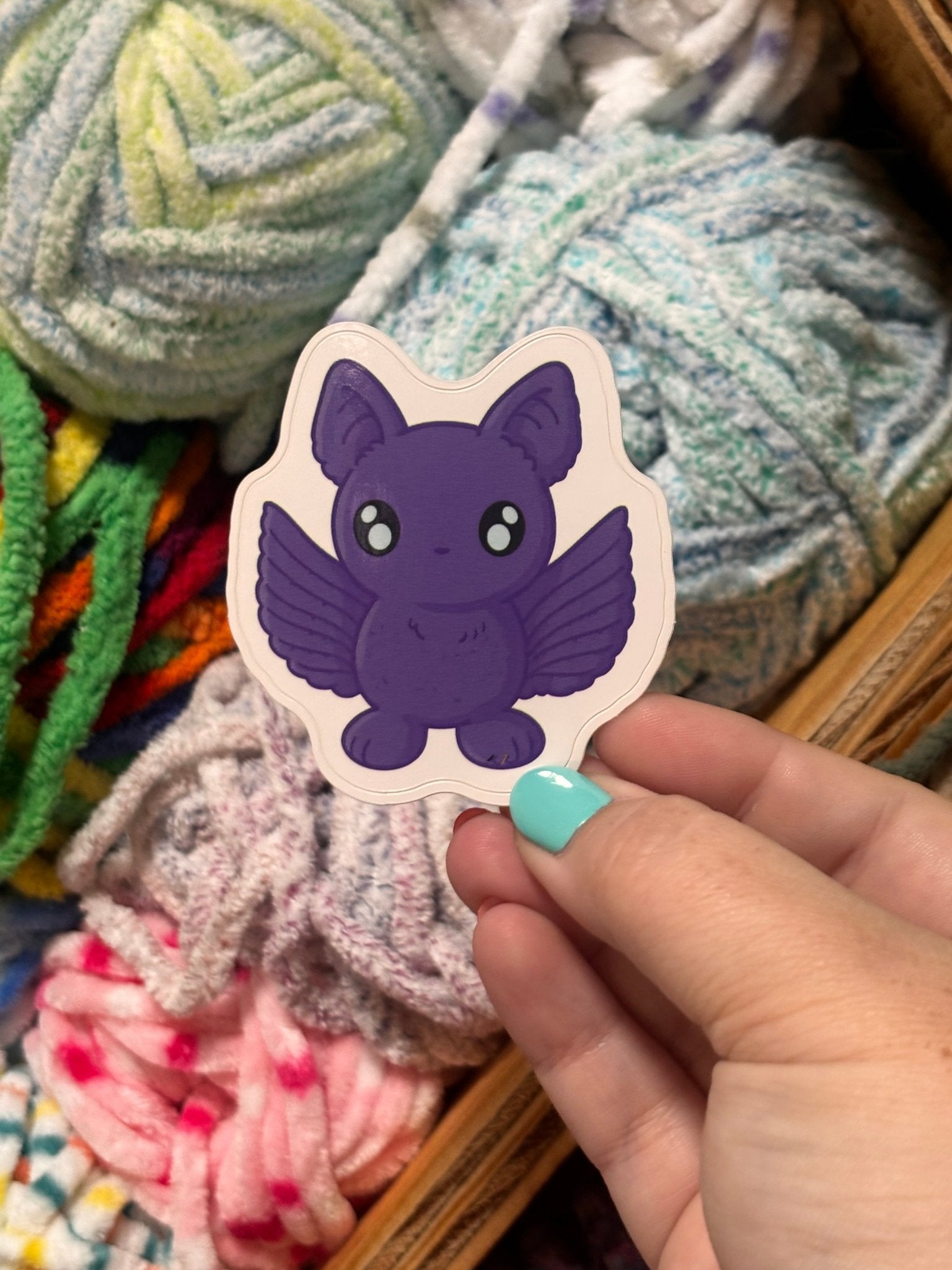 Cute purple bat sticker: Bailey the Bat from Main Street Collective. Whimsical, die-cut sticker on yarn.