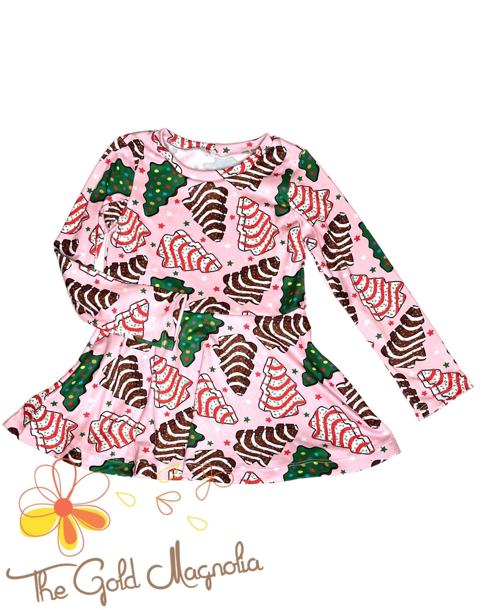 Main Street Collective Girls Pink Christmas Cake Tree Dress, Long Sleeve Holiday Peplum Top