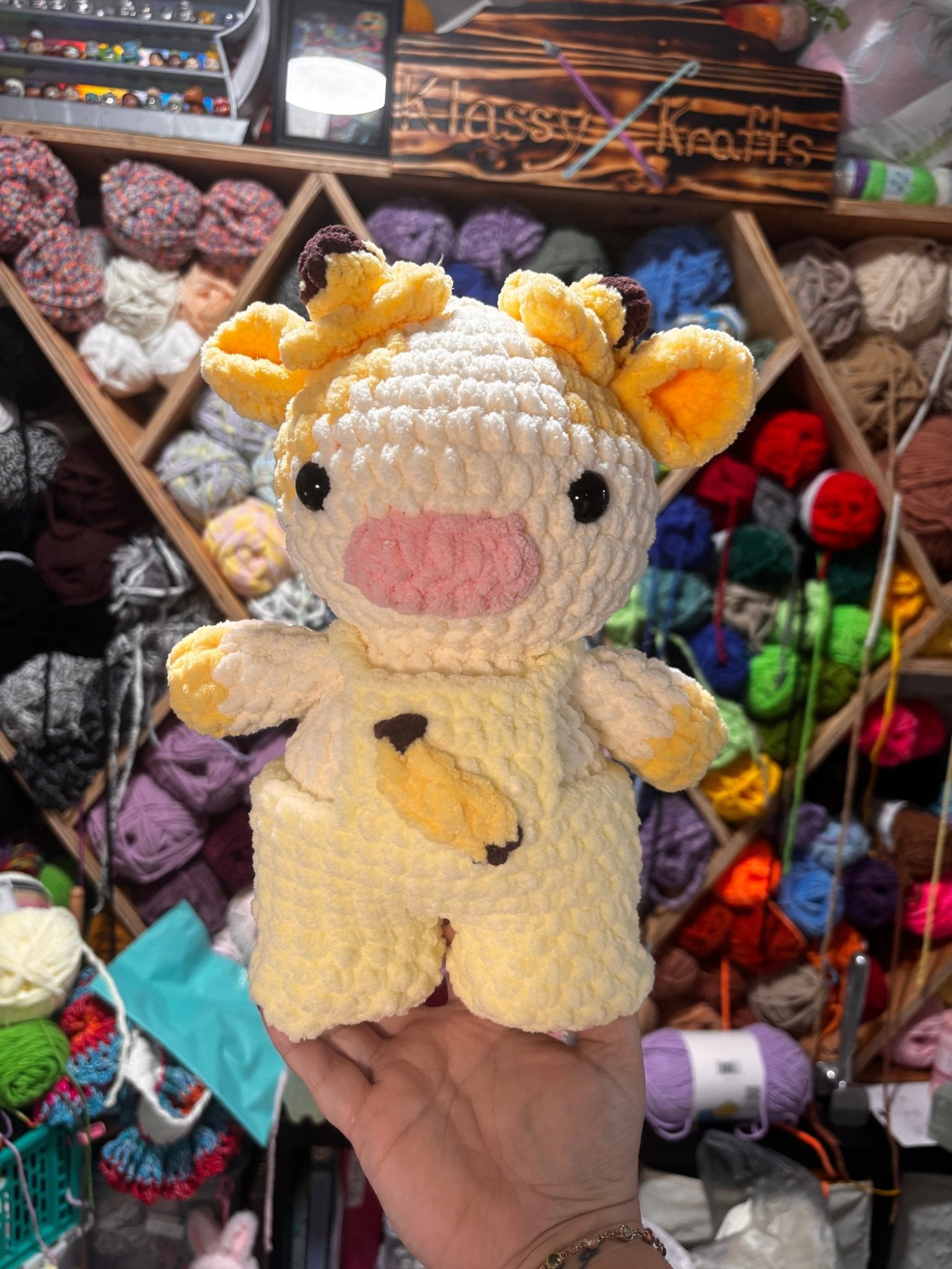 Crocheted Banana Cow Plushie - Handmade Cow in Banana Overalls by Main Street Collective