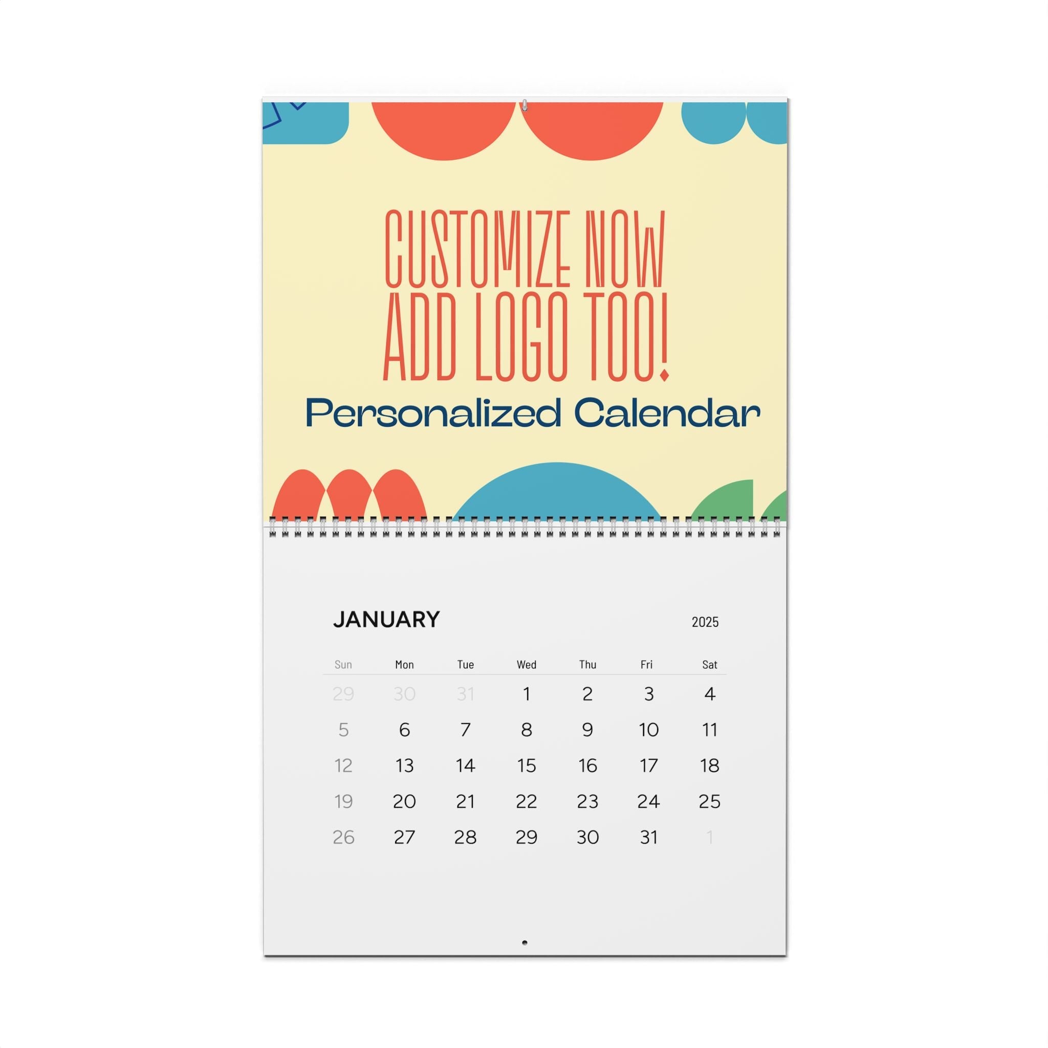 Customizable 2025 Wall Calendar: January with Add Logo. Personalized calendar for home and office