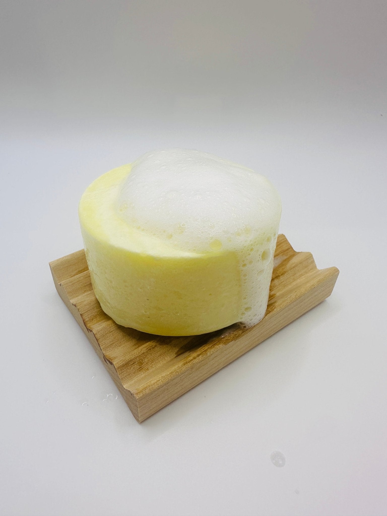 Goodness Gracious Sunshine Solid Dish Soap Refill on wooden dish - Eco-Friendly, Grease-Cutting, Orange Bergamot Sage Scent.