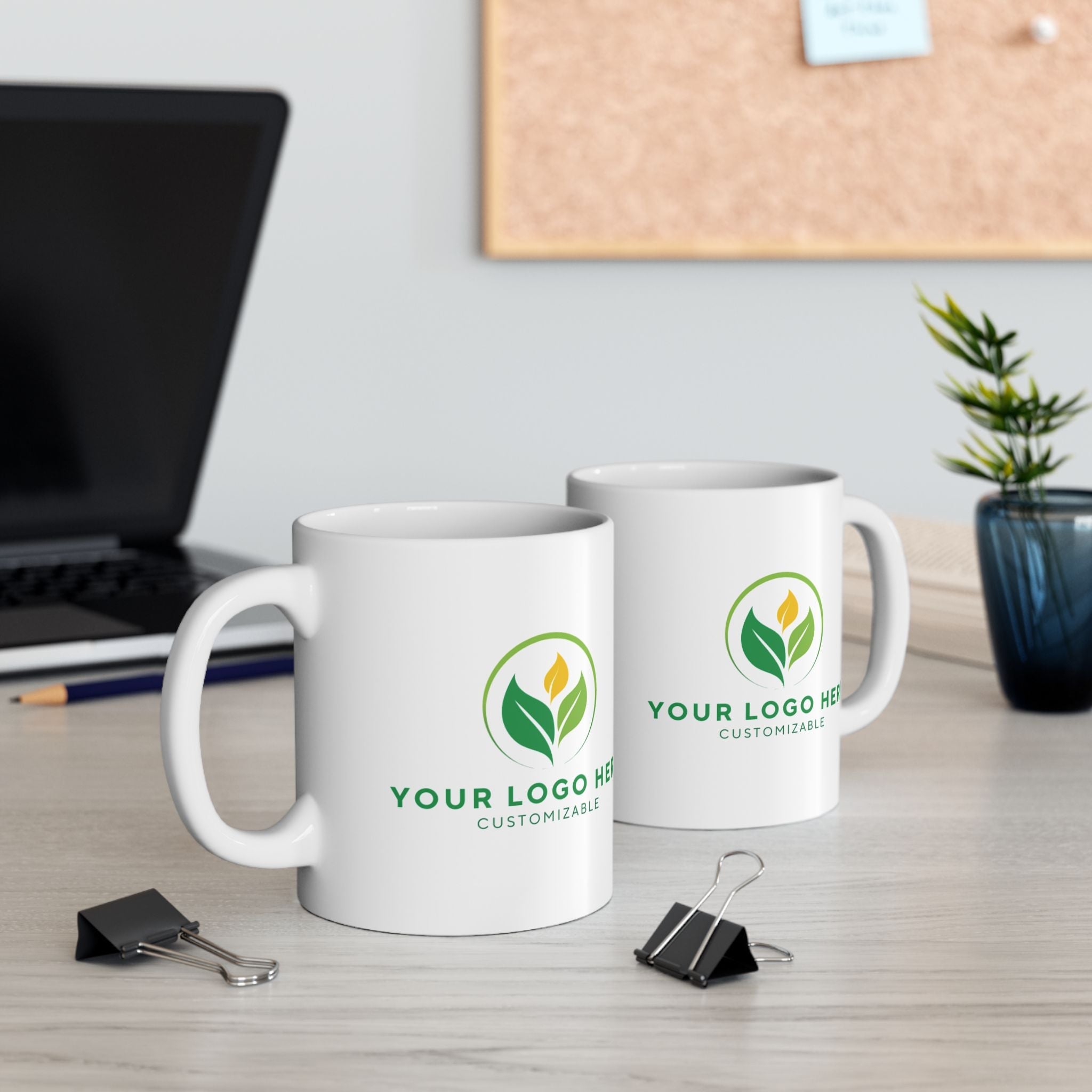 Personalized Logo Ceramic Mugs - Pair of Customizable Mugs on Desk for Business Branding & Employee Gifts