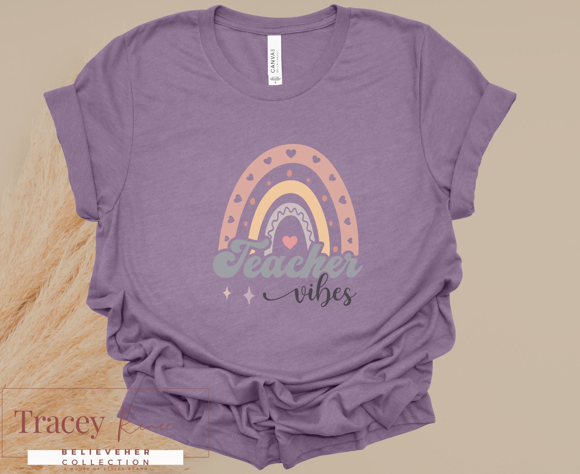 Teacher Vibes T-Shirt: Spring collection with rainbow design, perfect for educators and teacher appreciation gifts.