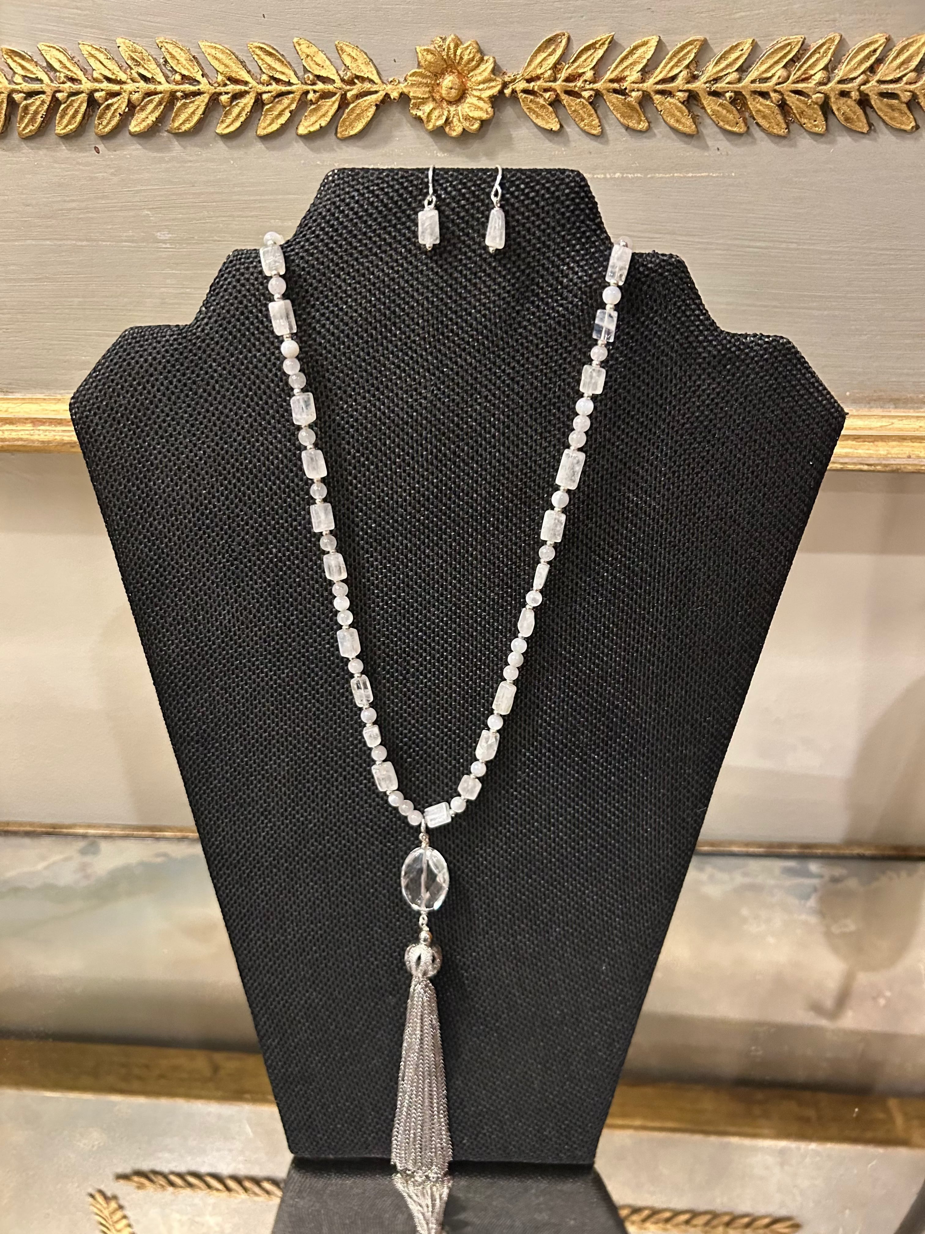 Moonstone & Mother of Pearl Necklace Set - Handmade Earrings & Tassel Pendant by Soulful Designs