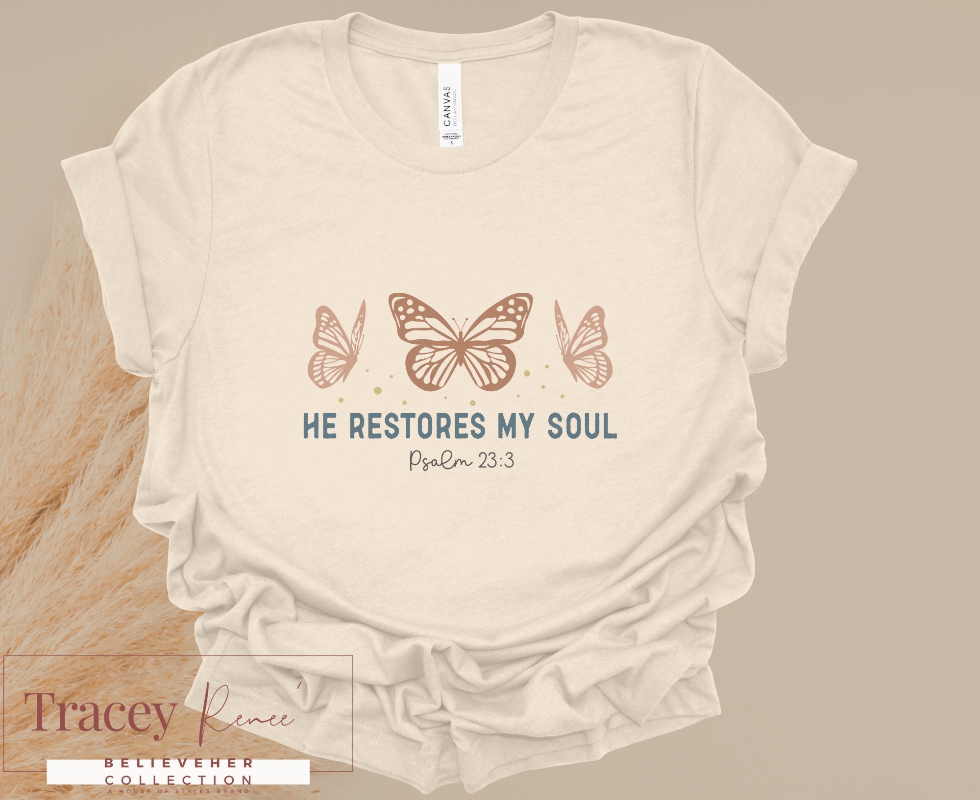 He Restores My Soul T-shirt - Christian Apparel with Butterflies & Psalm 23:3 - Main Street Collective