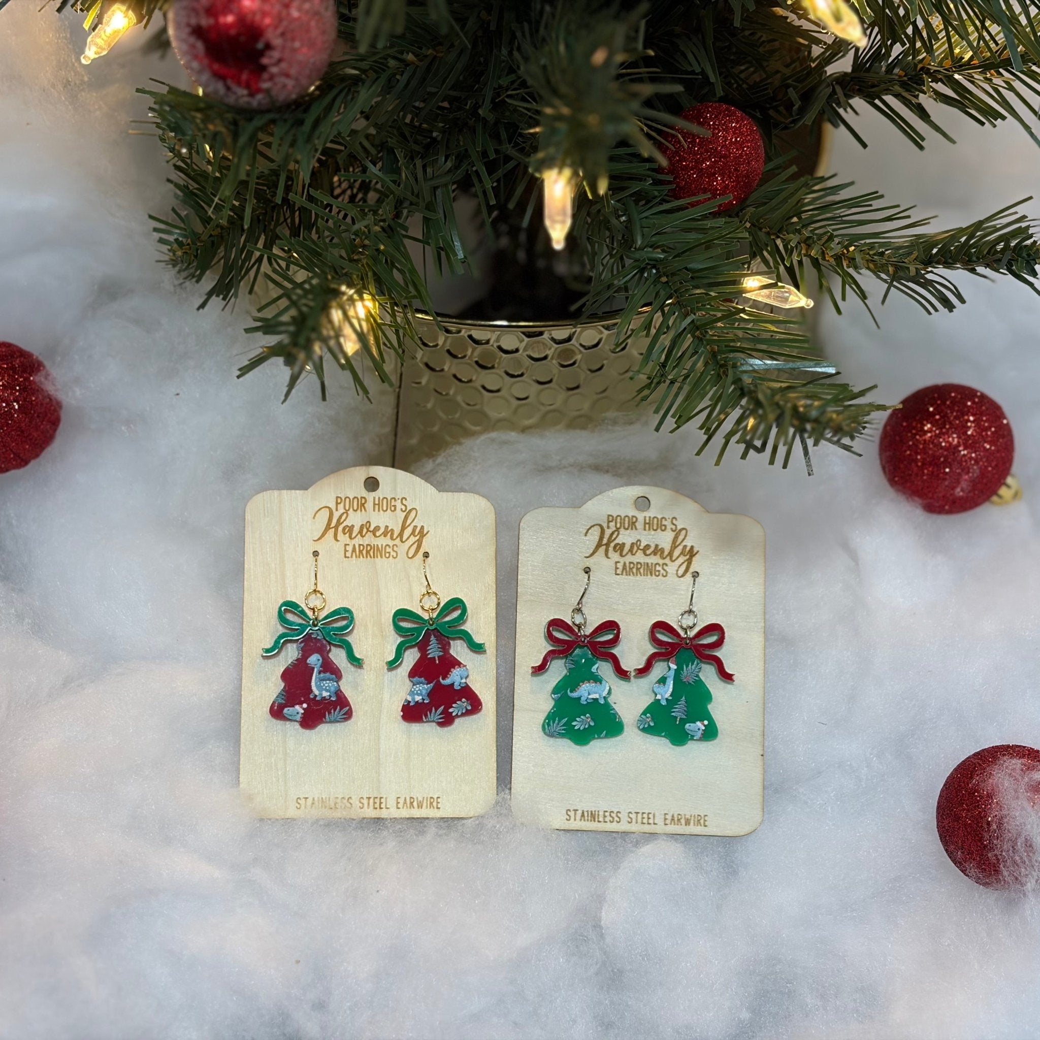 Dinosaur Christmas Tree Earrings: Red and Green Holiday Jewelry | Whimsical Dino Earrings