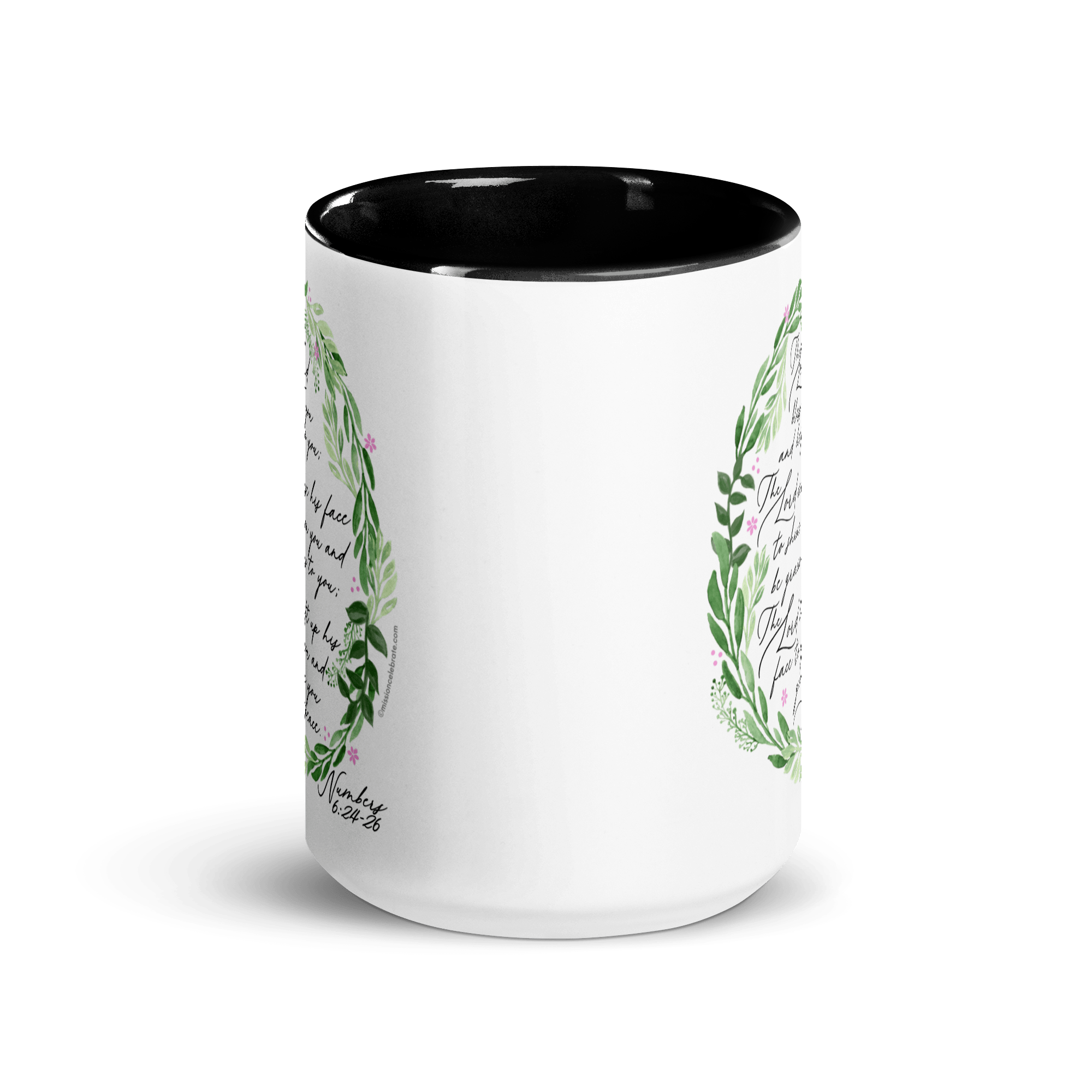 The Lord Bless You Numbers 6:24-26 Mug: Ceramic mug with floral design & black interior. Religious quote art by Main Street Collective.
