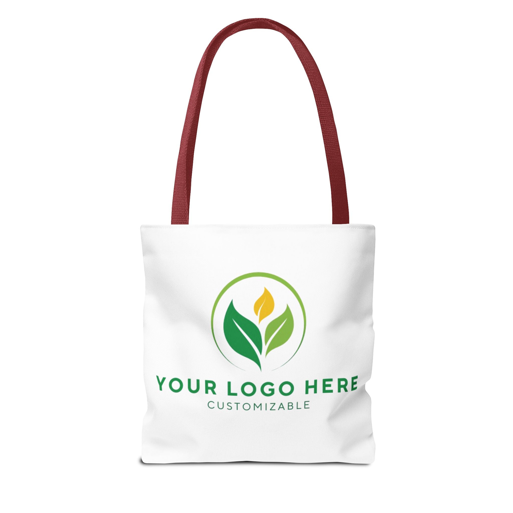 Customizable tote bag with logo, maroon handles, and eco-friendly leaf design. Branded tote bag for business.