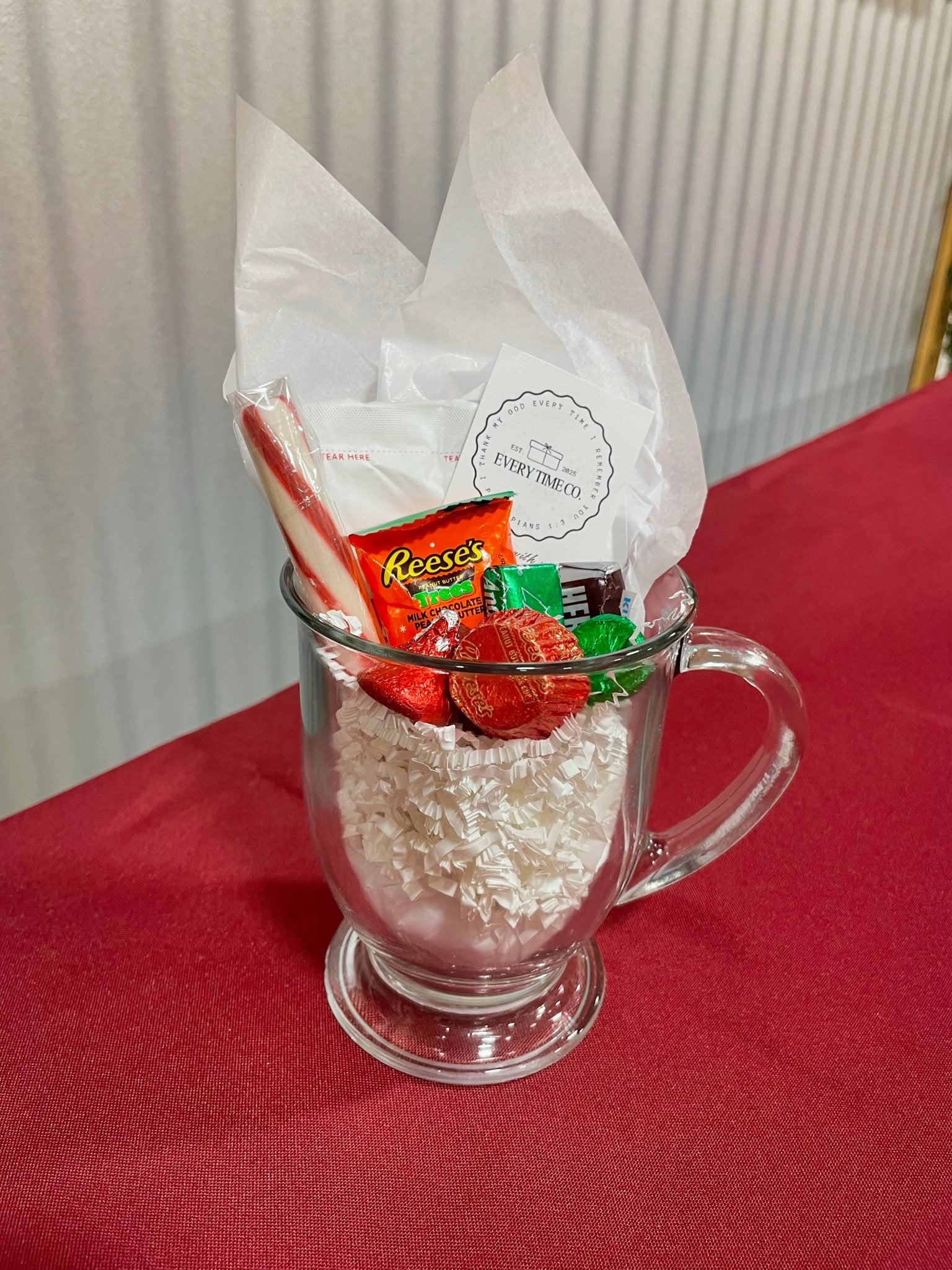 Christmas Mug Gift Set: Hot Chocolate, Candy, Peppermint Spoon, Clear Mug, Holiday Gift