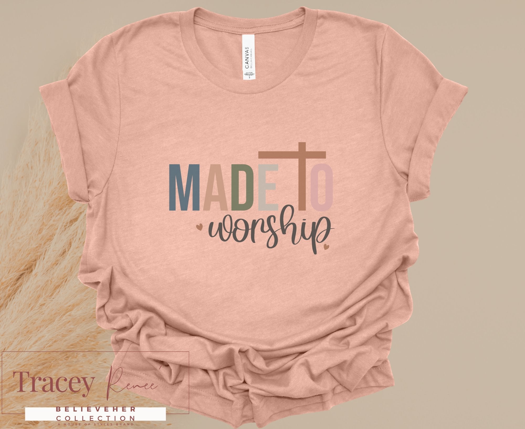 MADE TO WORSHIP Christian T-shirt - Peach Casual Tee - Faith Apparel by Main Street Collective