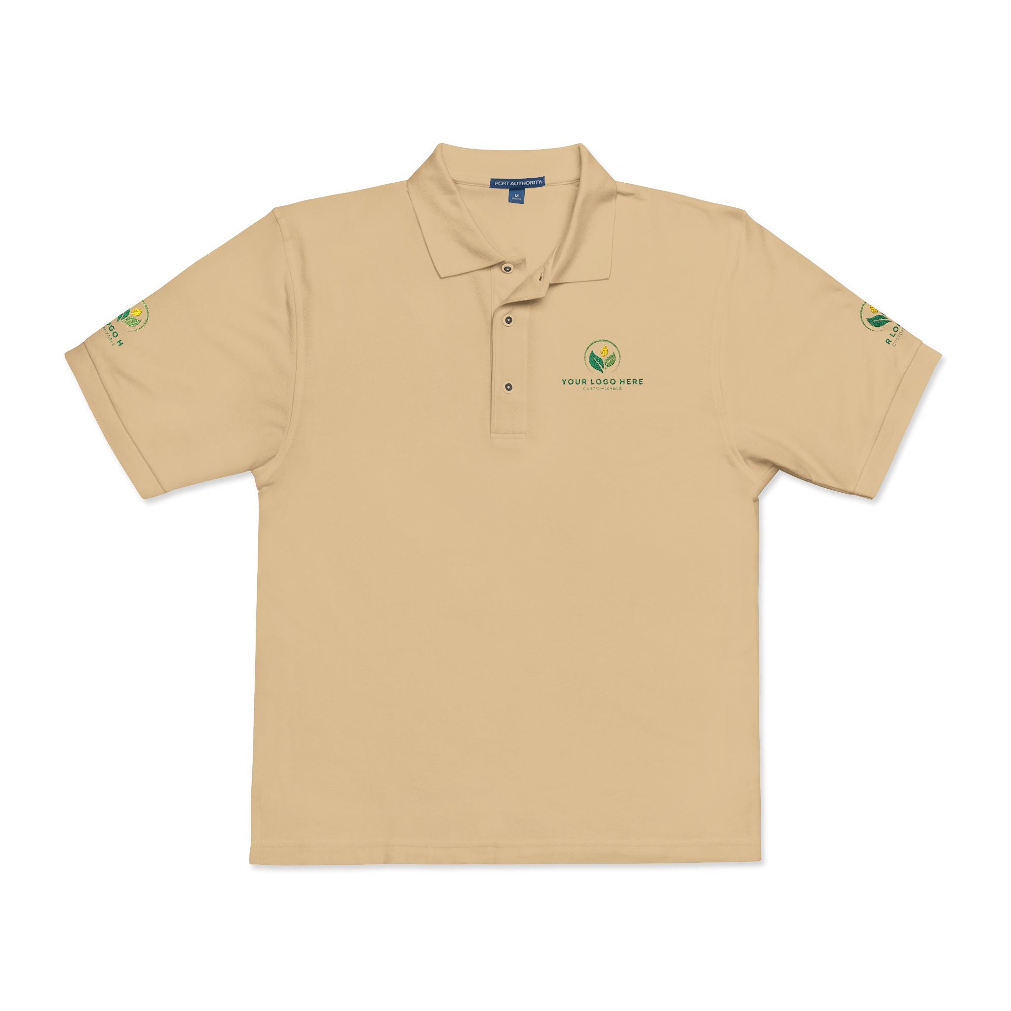 Customizable Embroidered Polo Shirt: Corporate Branding & Team Apparel. Beige Polo with Logos.