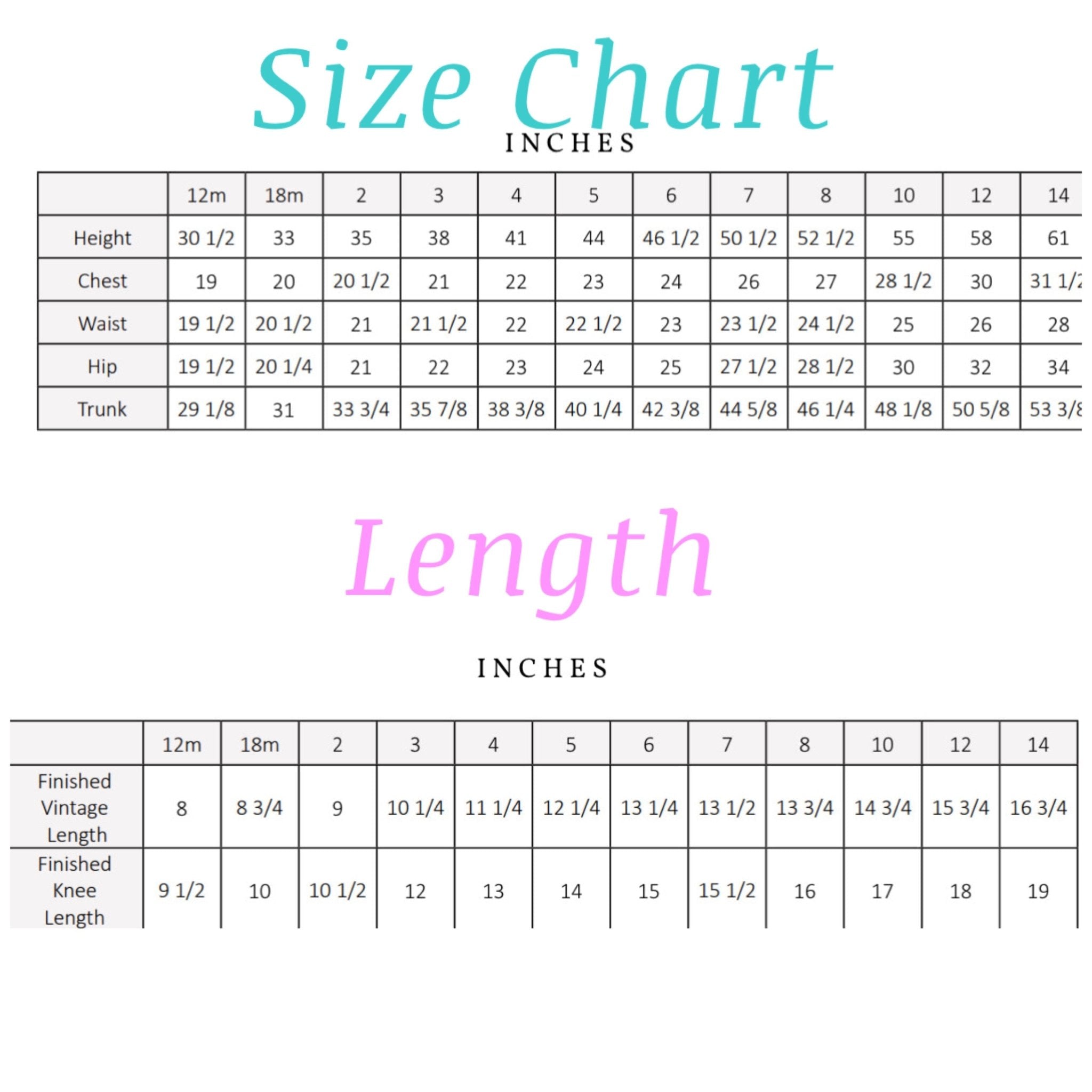 Size Chart: Girls Clothing Measurements - Height, Chest, Waist, Hip.  Sizes 12M - 14