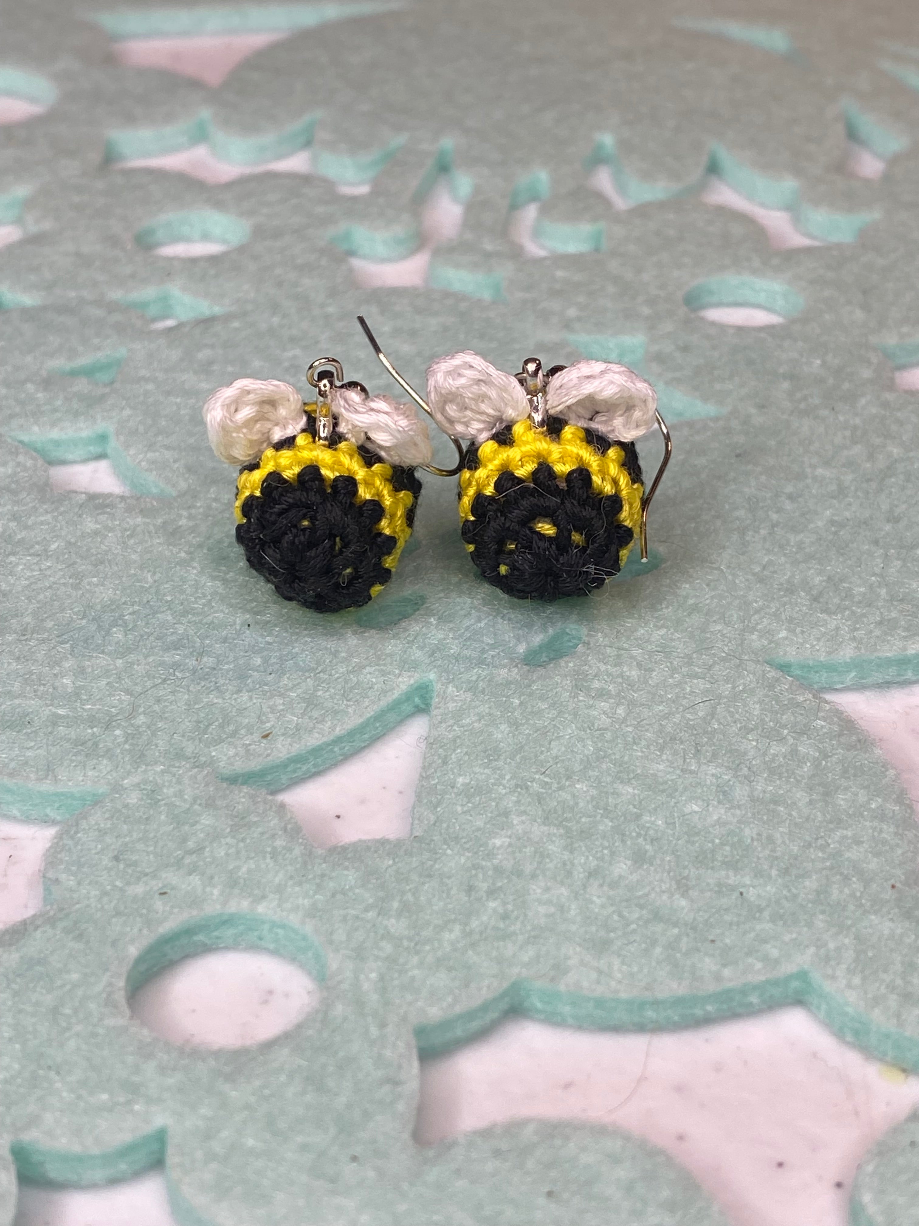 Handmade Crochet Bee Earrings - Black & Yellow Bumble Bee Jewelry, Hypoallergenic Cotton, Main Street Collective