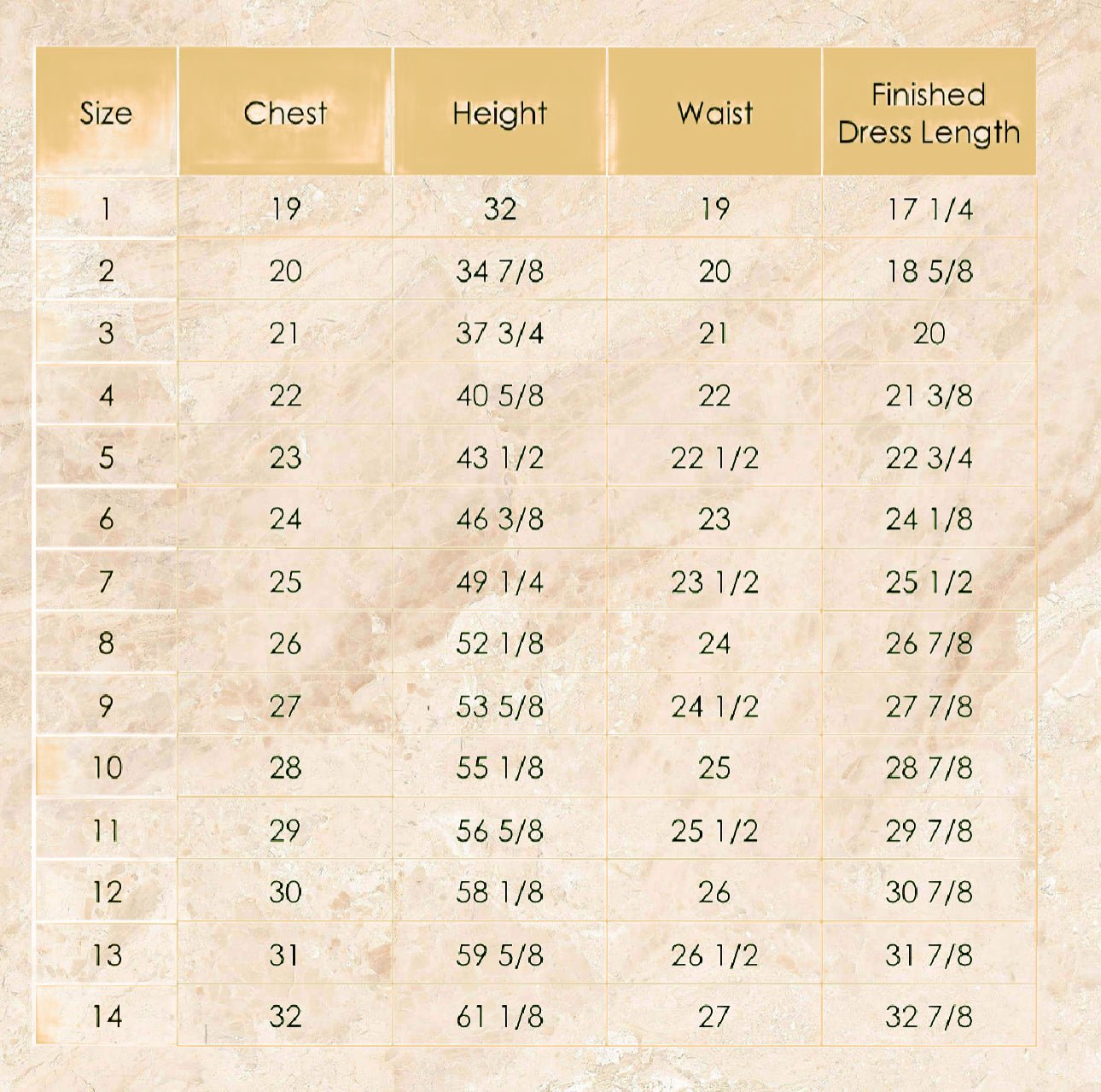 Sunflower Fields Dress Size Chart - Main Street Collective - Girl's Dress Sizes