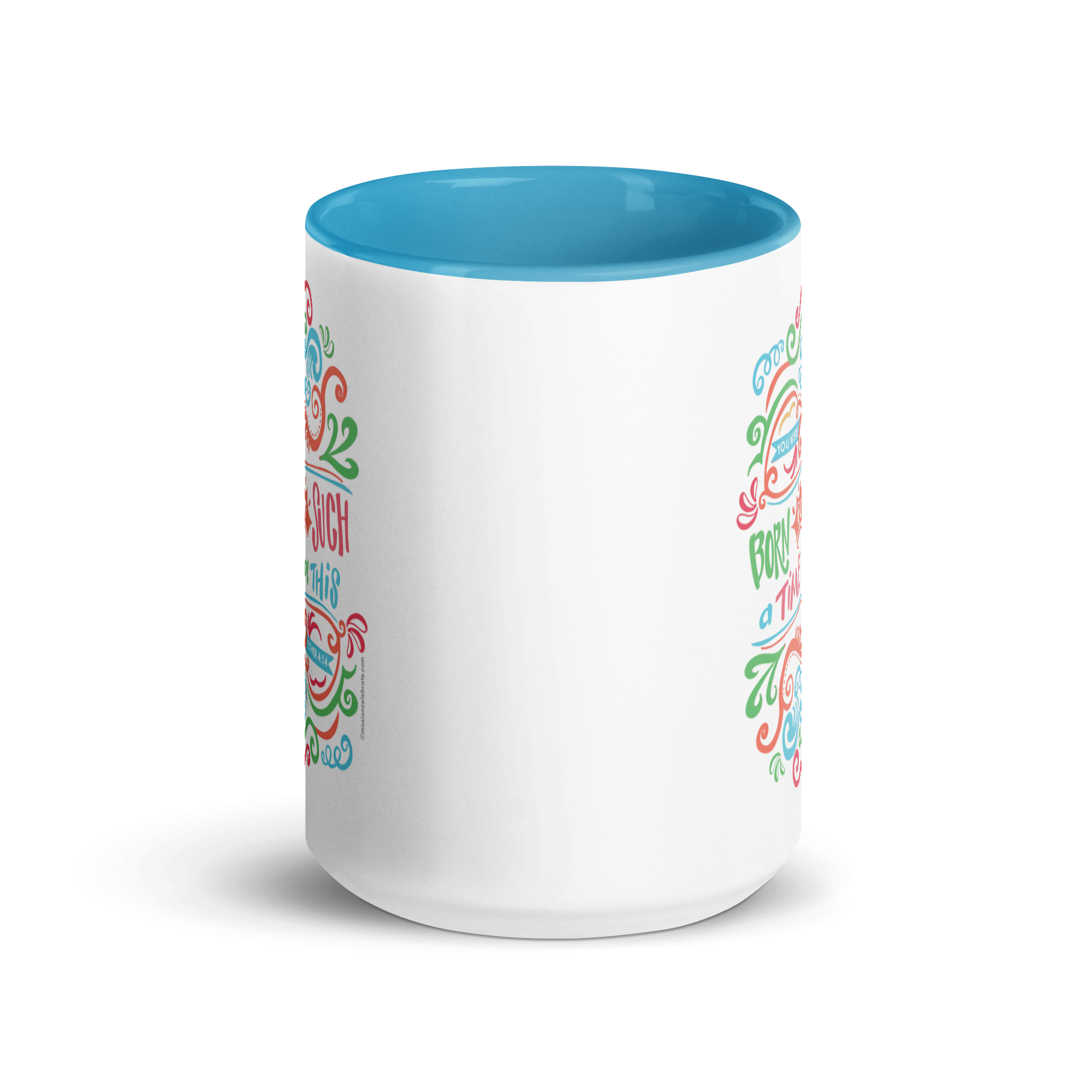 Born For Such A Time As This Esther 4:14 Art Ceramic Mug  (15oz with blue accents – rim, inside, handle)