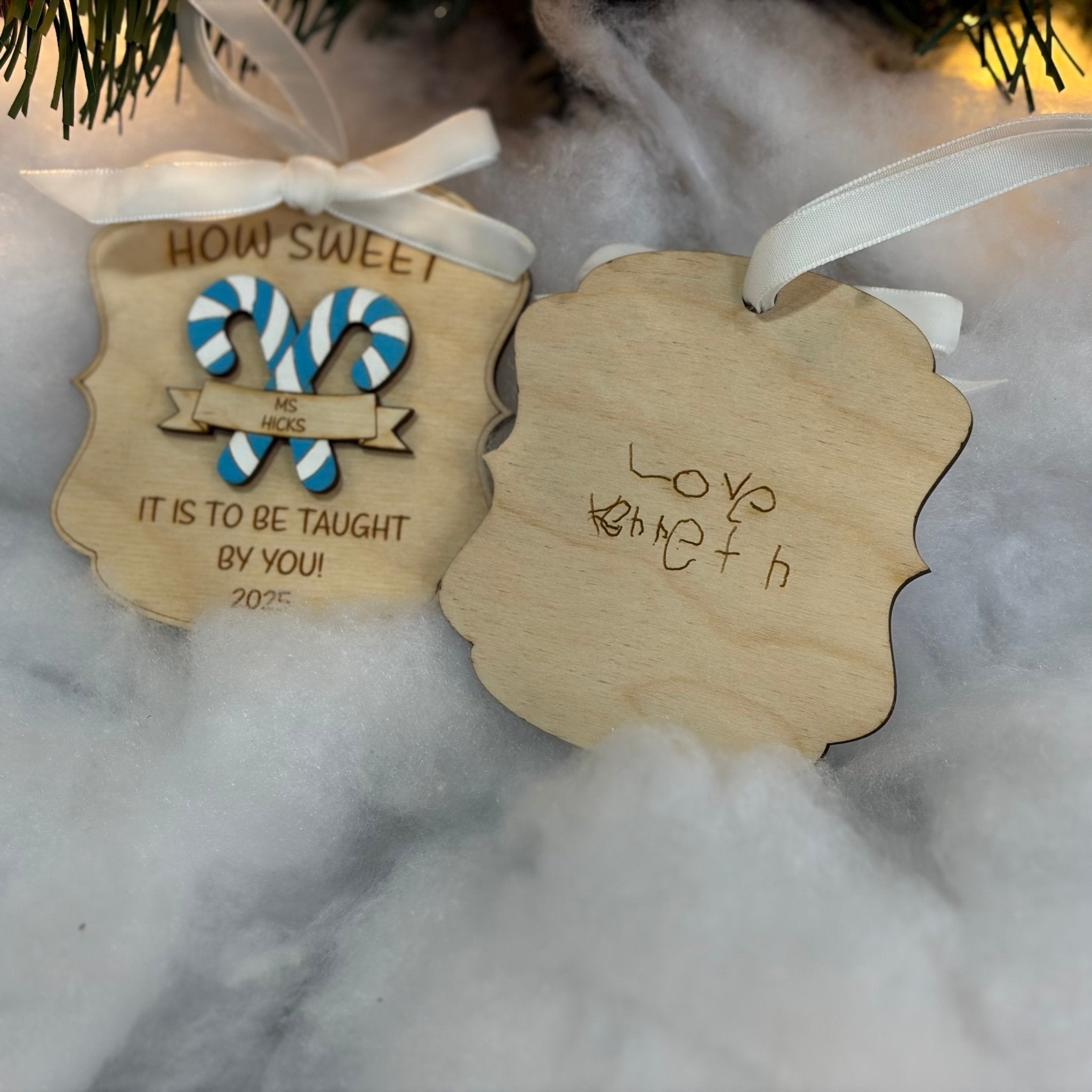 Personalized 'How Sweet' Teacher Gift Ornament: Candy Canes, Custom Wooden Decoration for Teacher Appreciation, Handmade with Love!