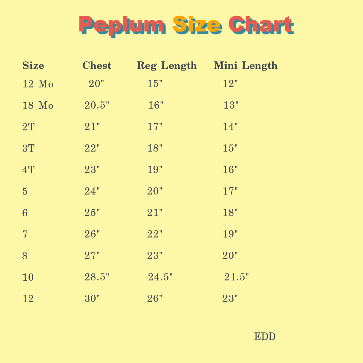 Peplum Top Size Chart: Chest, Regular & Mini Lengths for sizes 12Mo-12. Find your perfect fit!