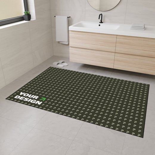 Customizable heavy-duty floor mat with personalized design in a bathroom setting.