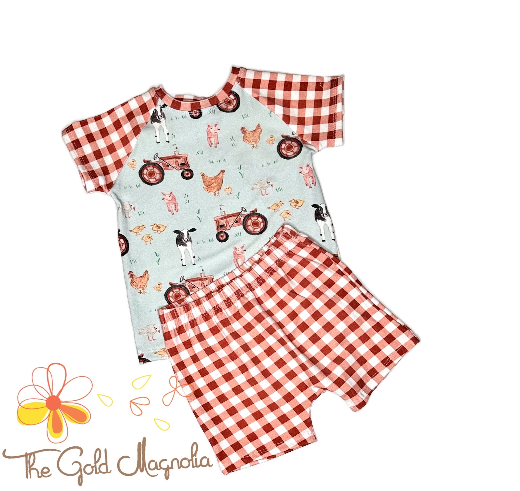 Boys Farm Short Set Size 2: Red and White Gingham Shorts, Bamboo Cotton Knit - Main Street Collective