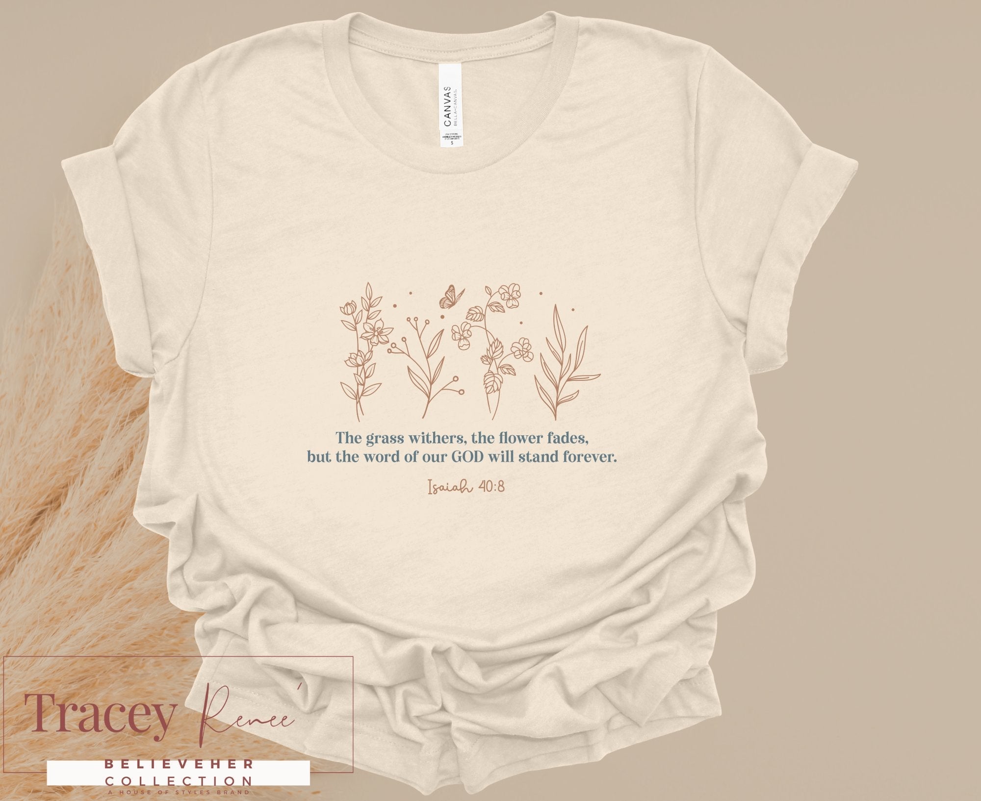 Christian T-shirt: 'The Word of Our God' Design on Beige Tee | Isaiah 40:8 Faith Apparel