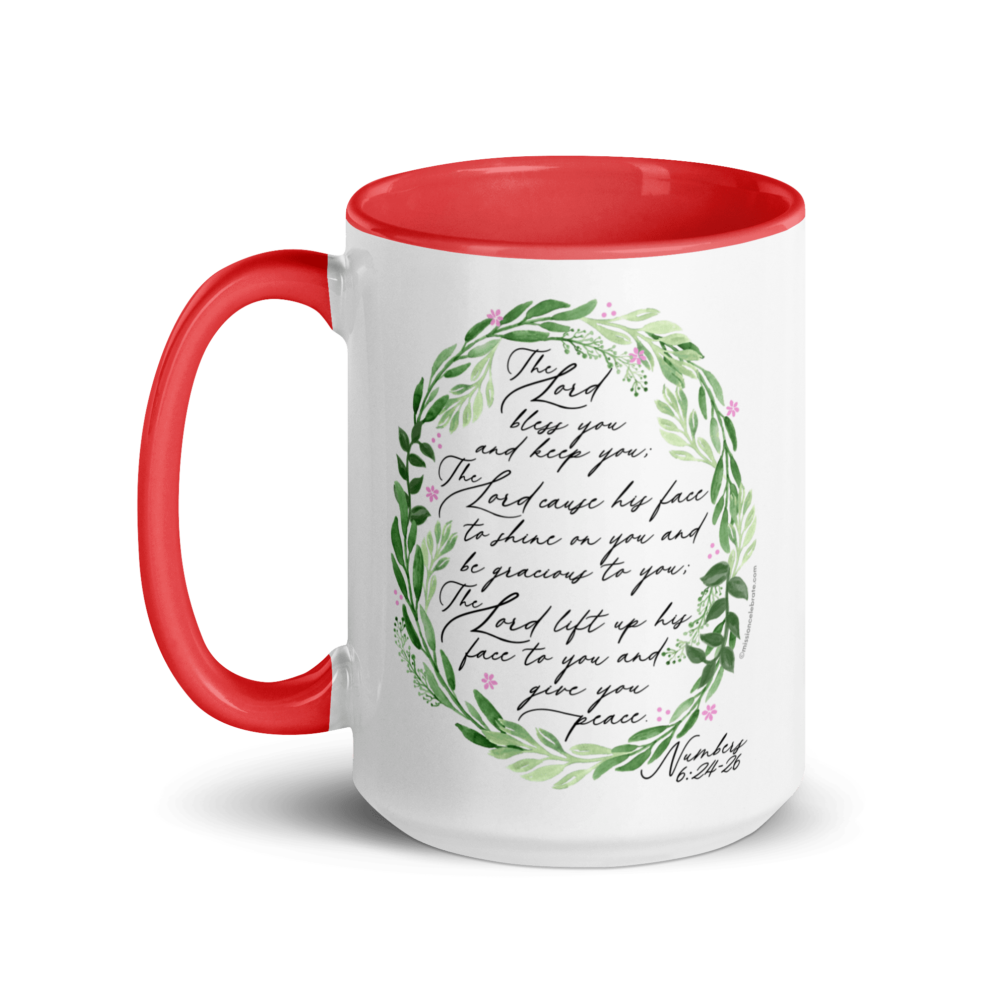 The Lord Bless You Mug - Ceramic mug with bible verse design, red accents and green wreath.